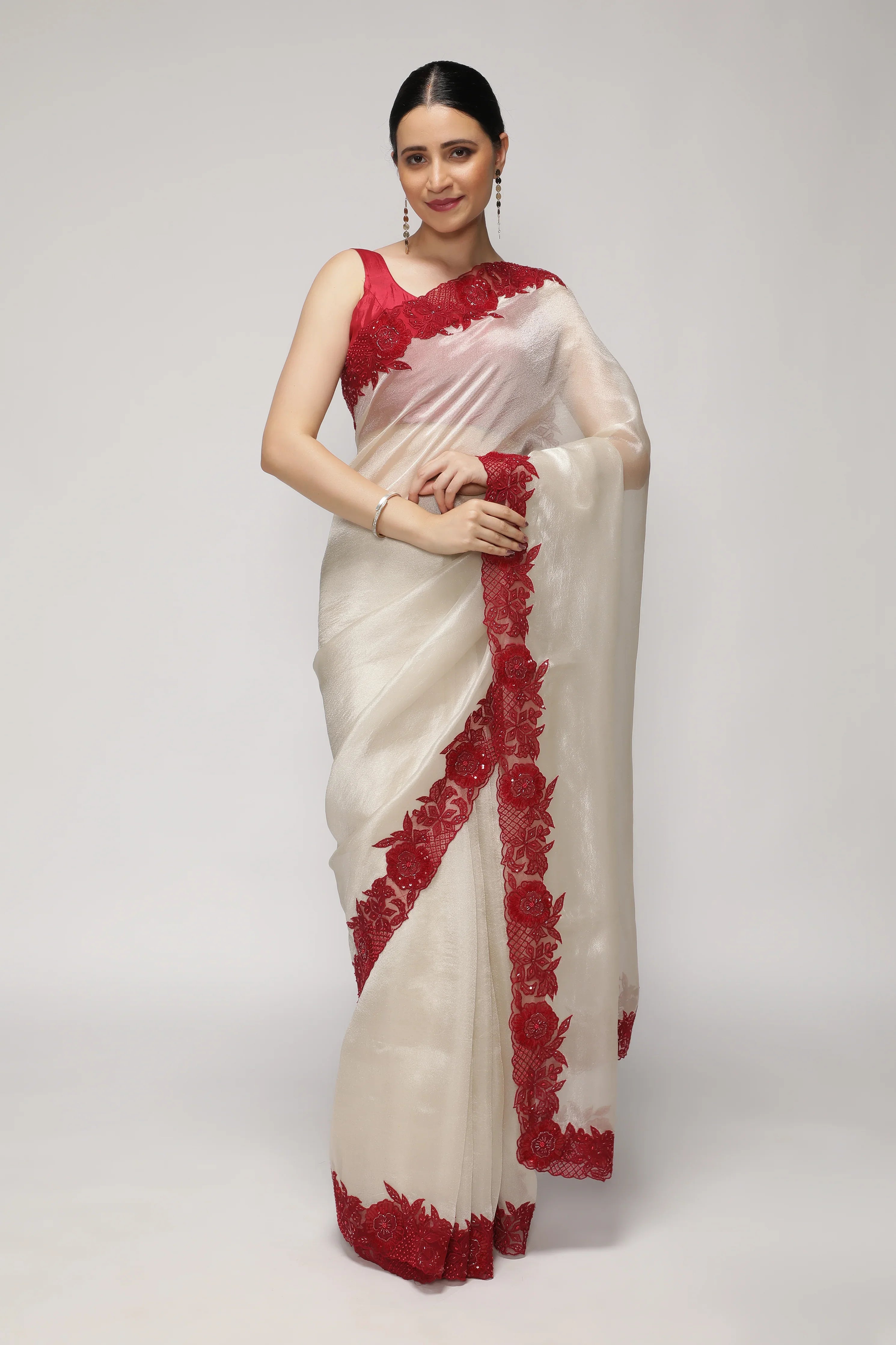 Silver Tissue Saree with Contrast Red Net Embroidery Border - Mokshaa