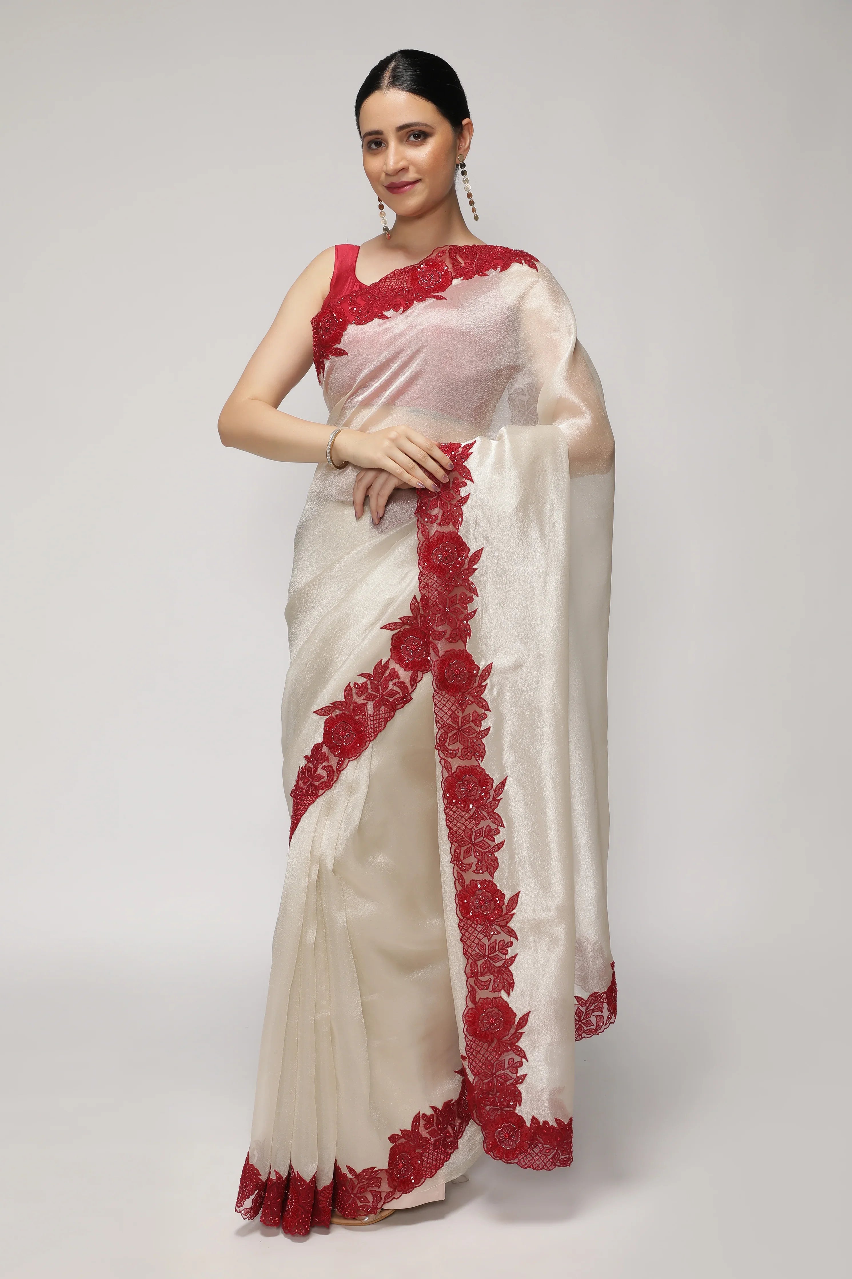 Silver Tissue Saree with Contrast Red Net Embroidery Border - Mokshaa