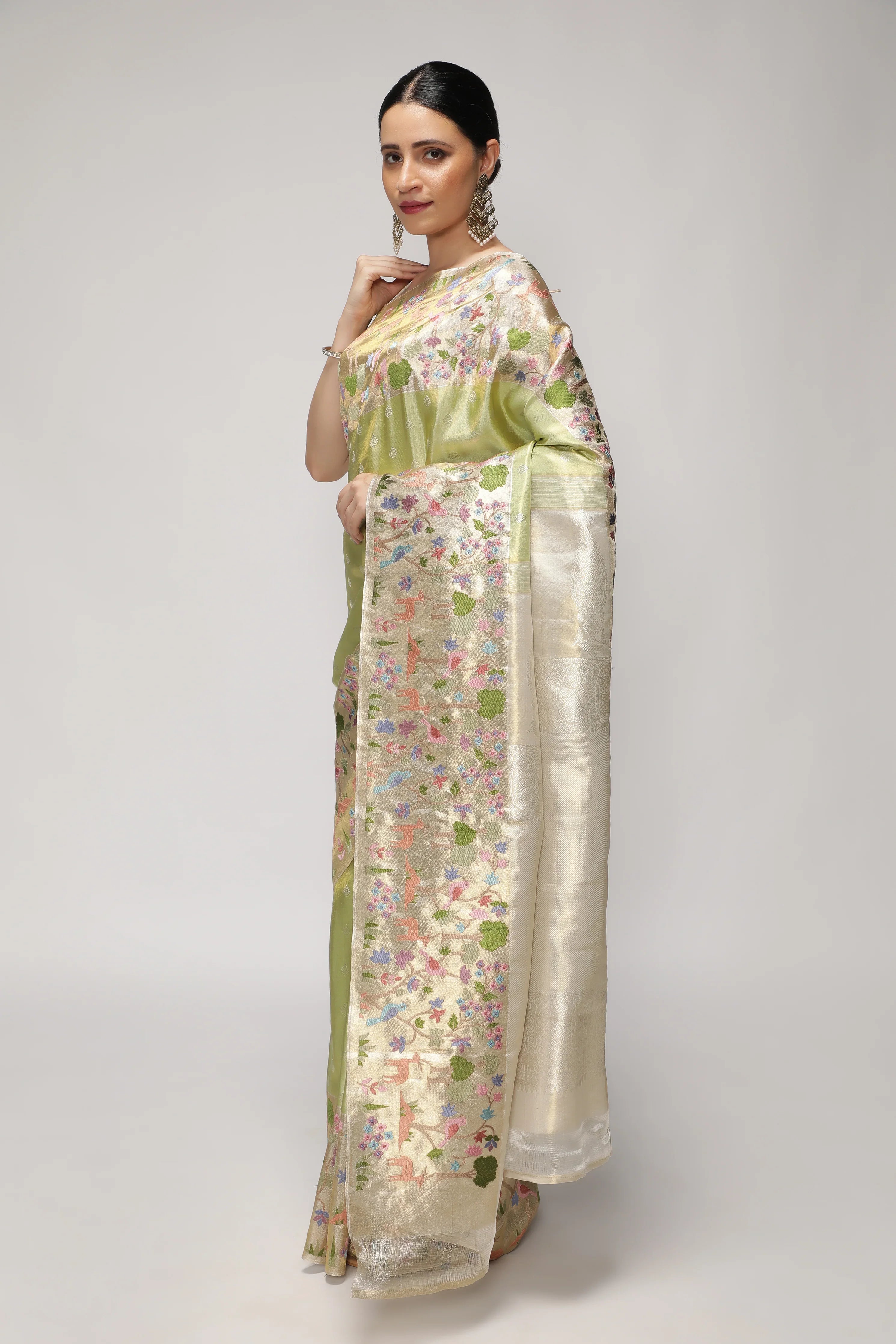 Green Kanchipuram Tissue Silk Saree with All-Over Zari Weaving and Contrast Embroidery Border - Mokshaa
