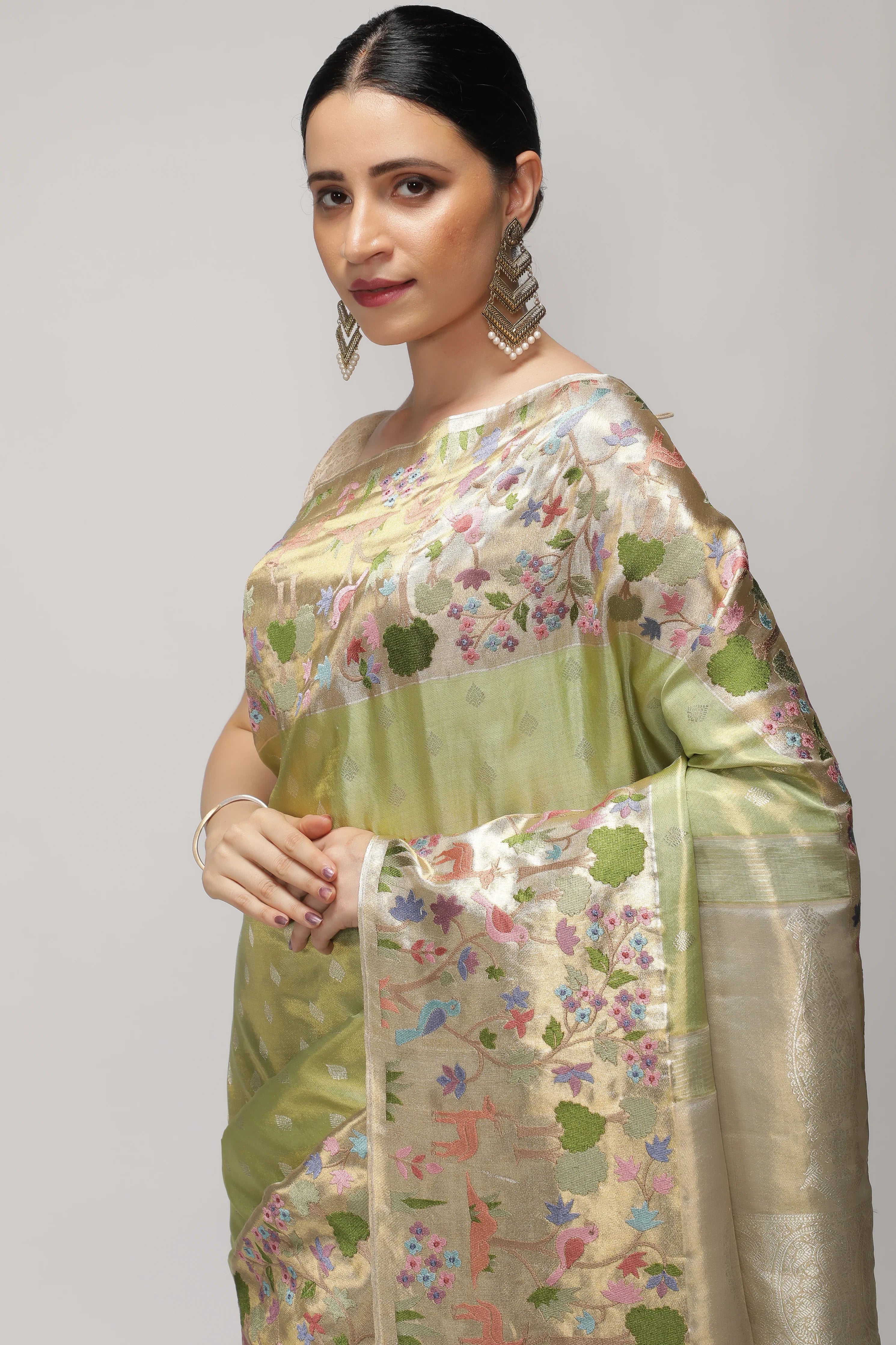 Green Kanchipuram Tissue Silk Saree with All-Over Zari Weaving and Contrast Embroidery Border - Mokshaa