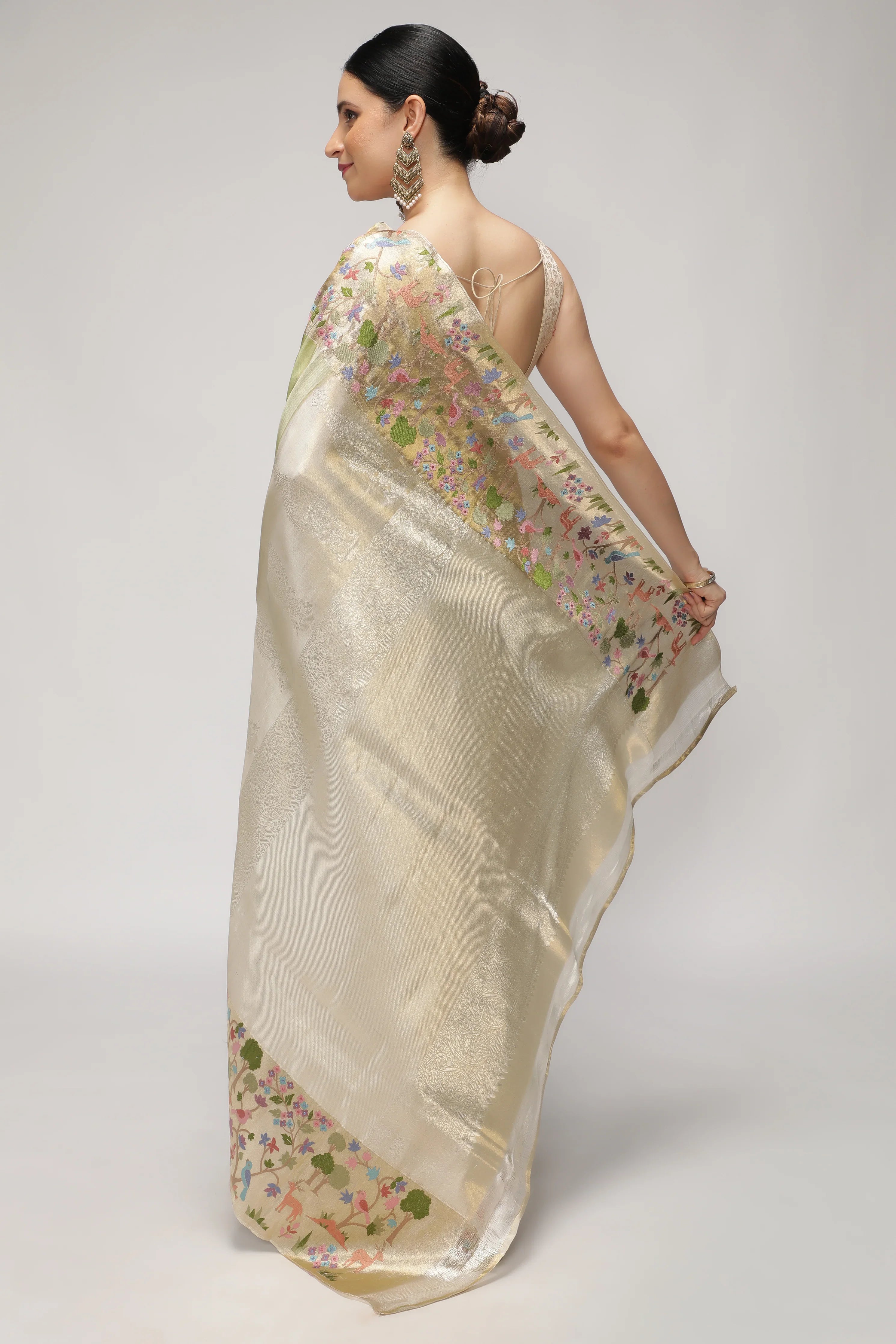 Green Kanchipuram Tissue Silk Saree with All-Over Zari Weaving and Contrast Embroidery Border - Mokshaa