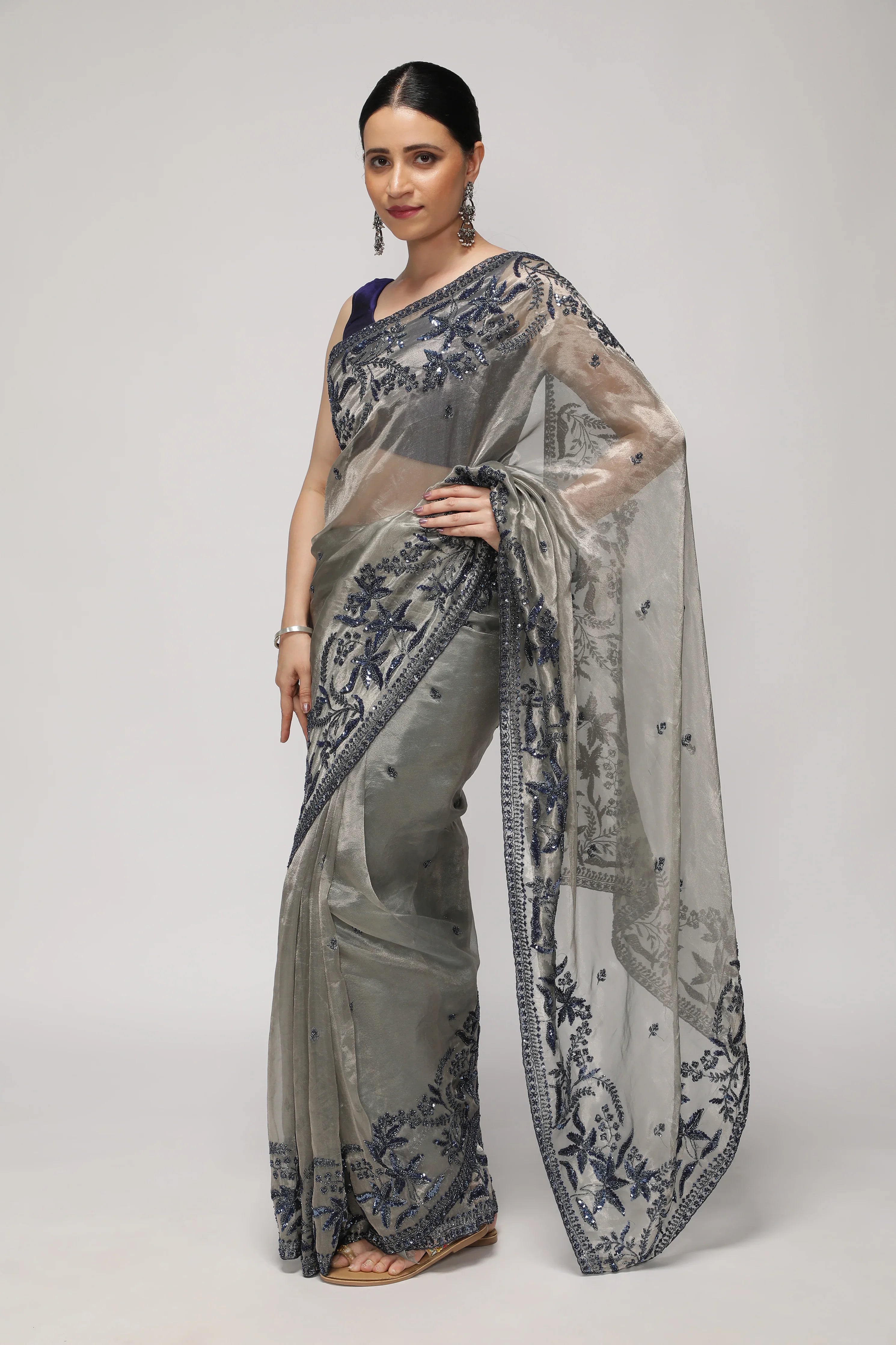 Muted Silver Tissue Saree with Blue Sequin & Bead Embroidery - Mokshaa
