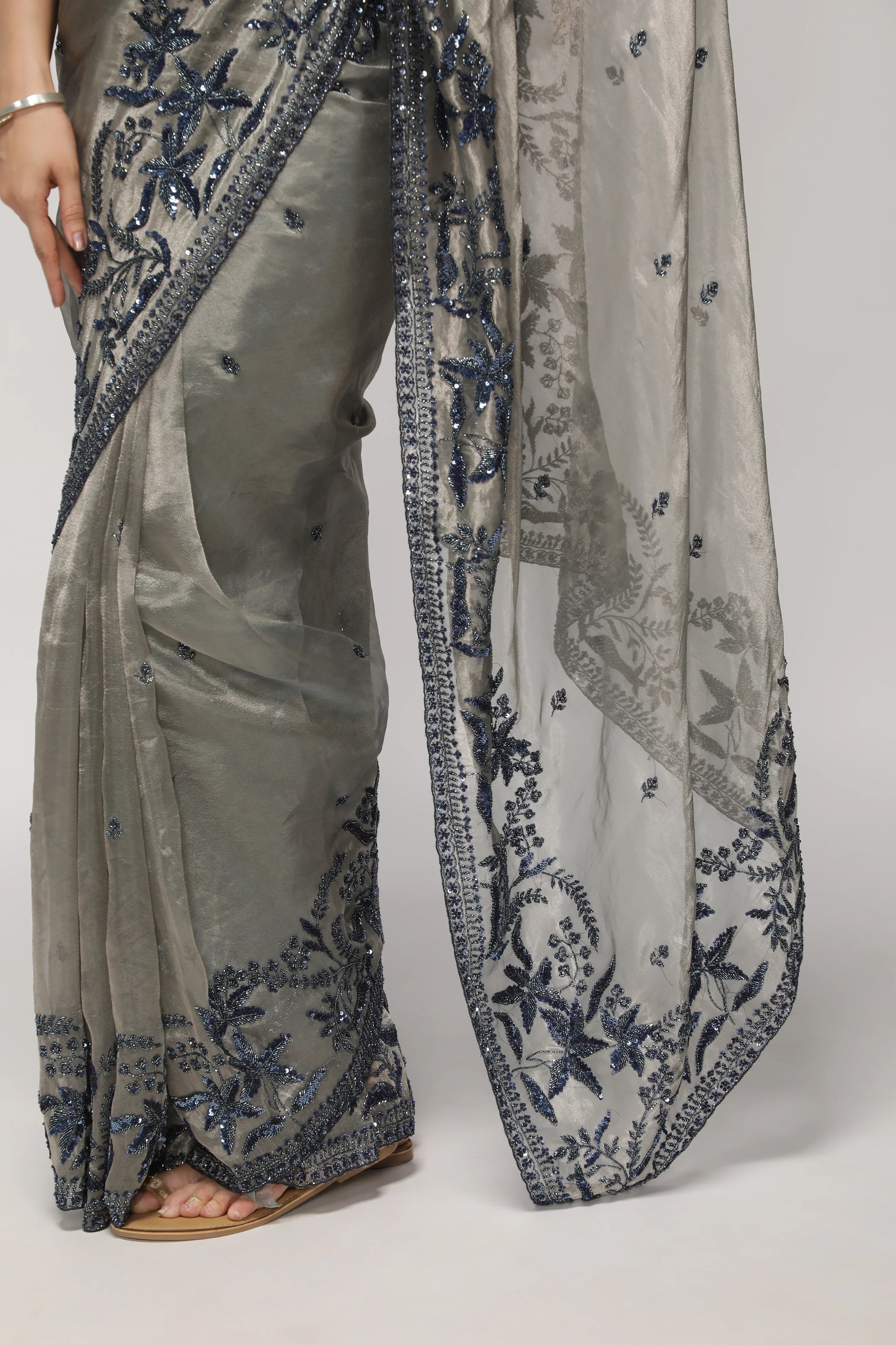Muted Silver Tissue Saree with Blue Sequin & Bead Embroidery - Mokshaa
