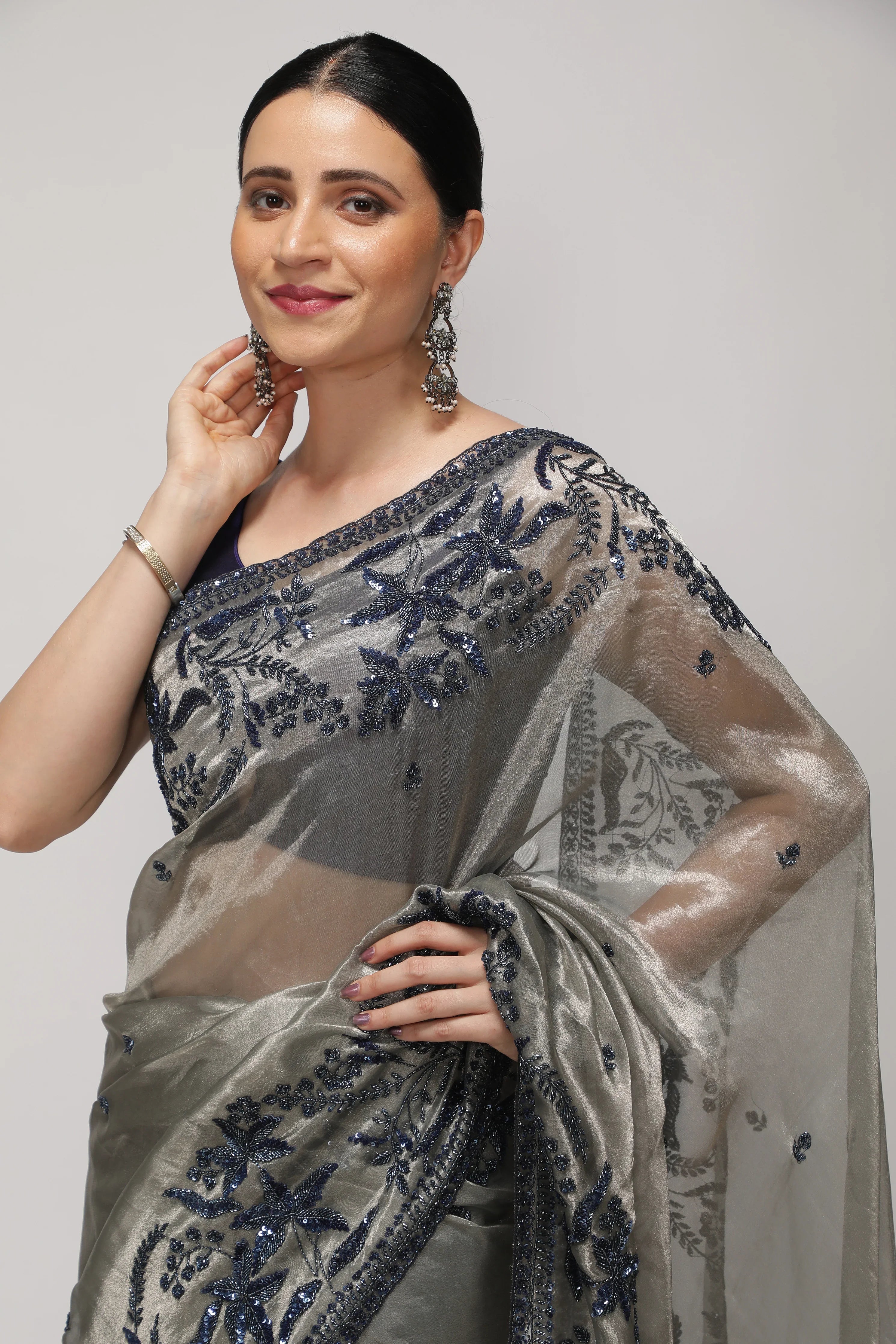 Muted Silver Tissue Saree with Blue Sequin & Bead Embroidery - Mokshaa