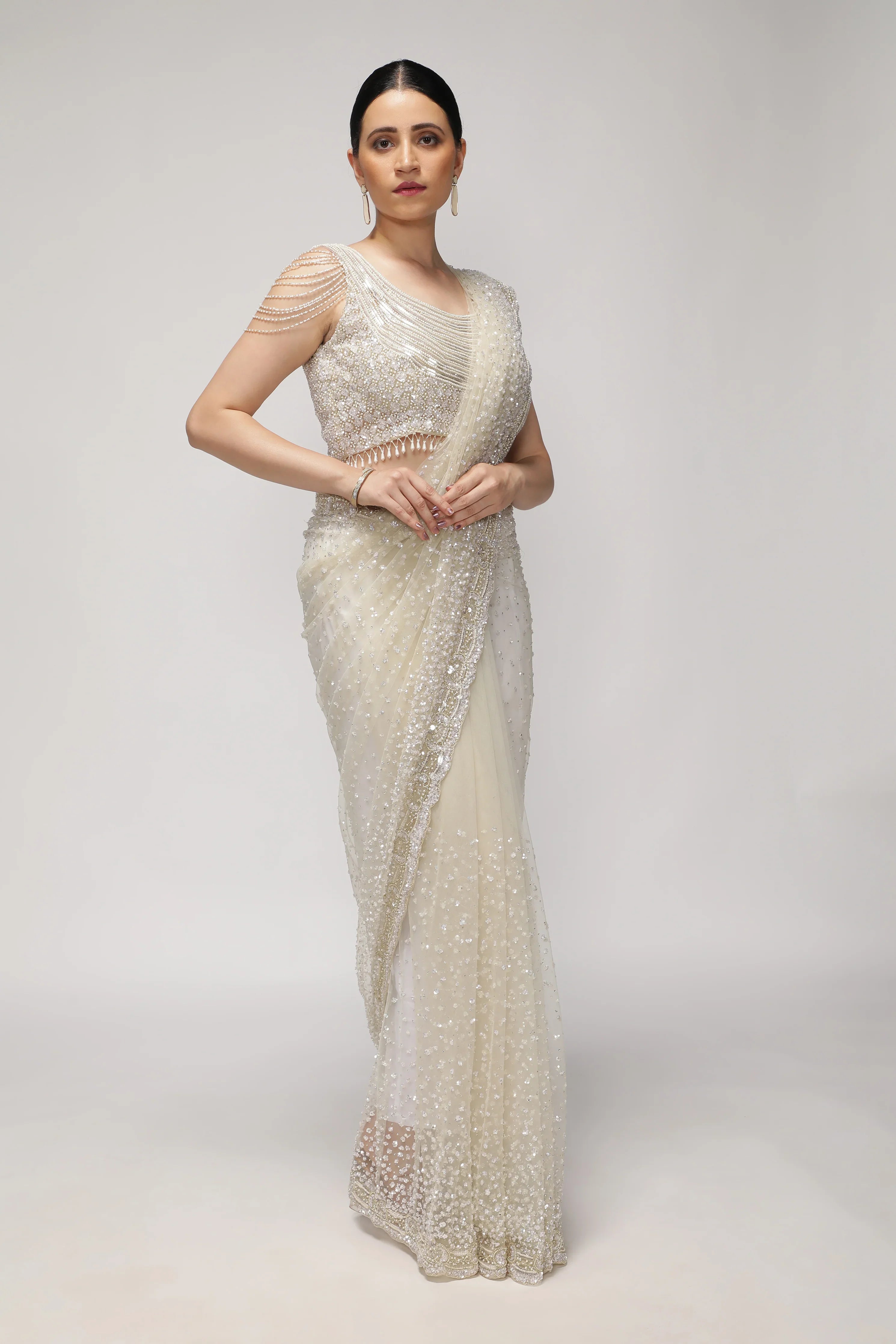White Net Saree with All-Over Sequin & Pearl Scallop Border - Mokshaa