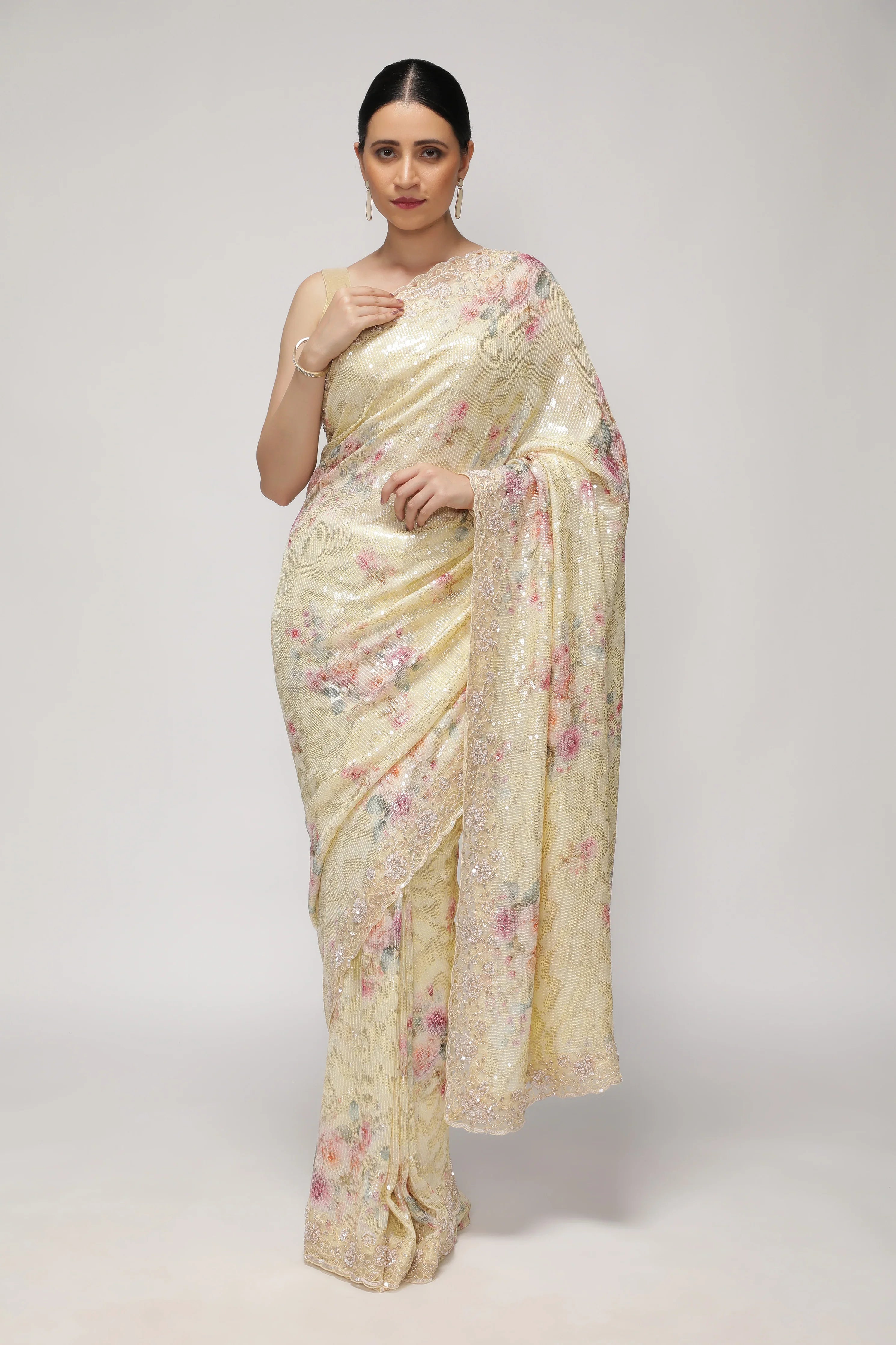 Pastel Lime Georgette Saree with Floral Print, Sequins & Cut Work Border - Mokshaa