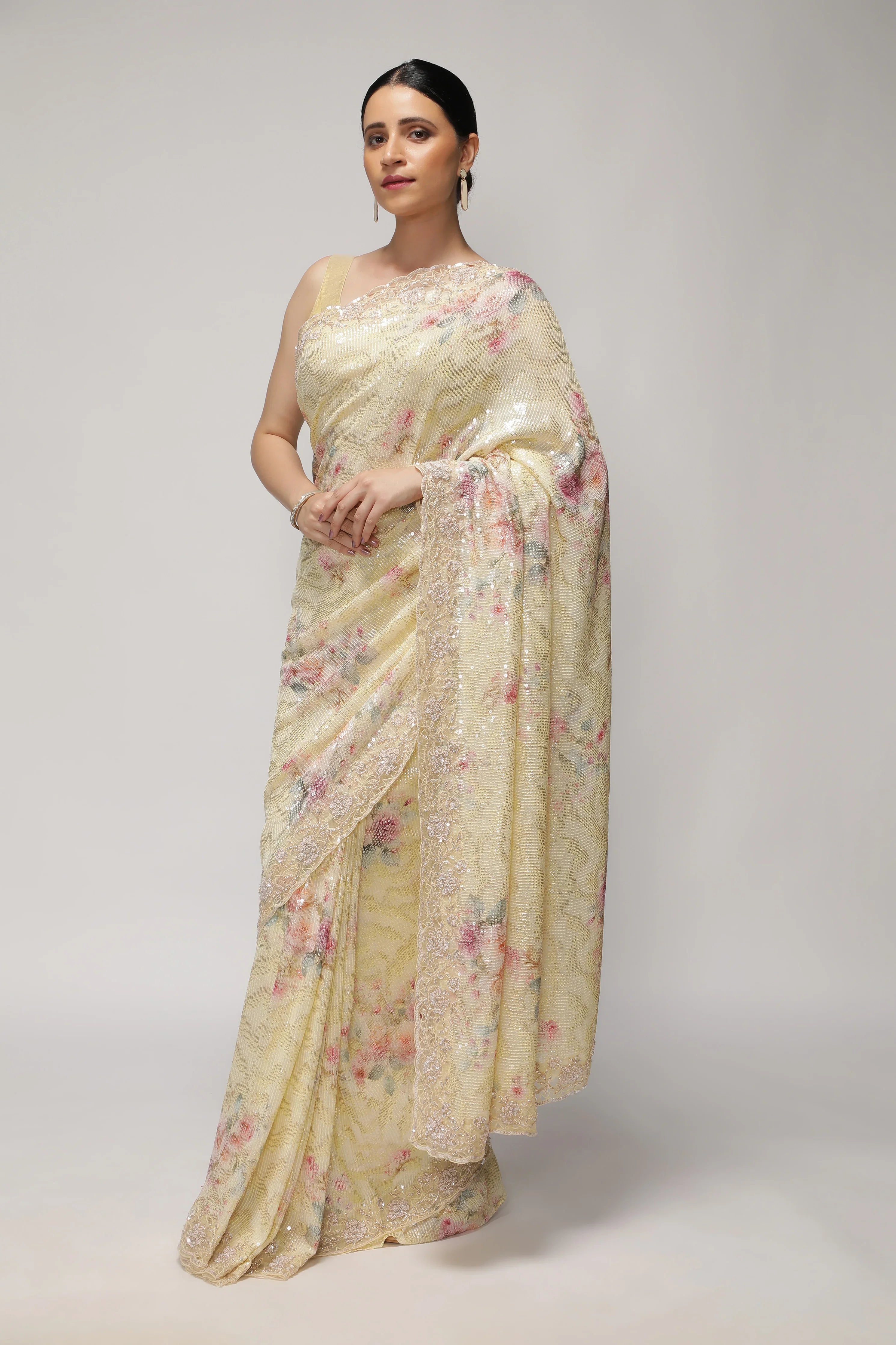 Pastel Lime Georgette Saree with Floral Print, Sequins & Cut Work Border - Mokshaa