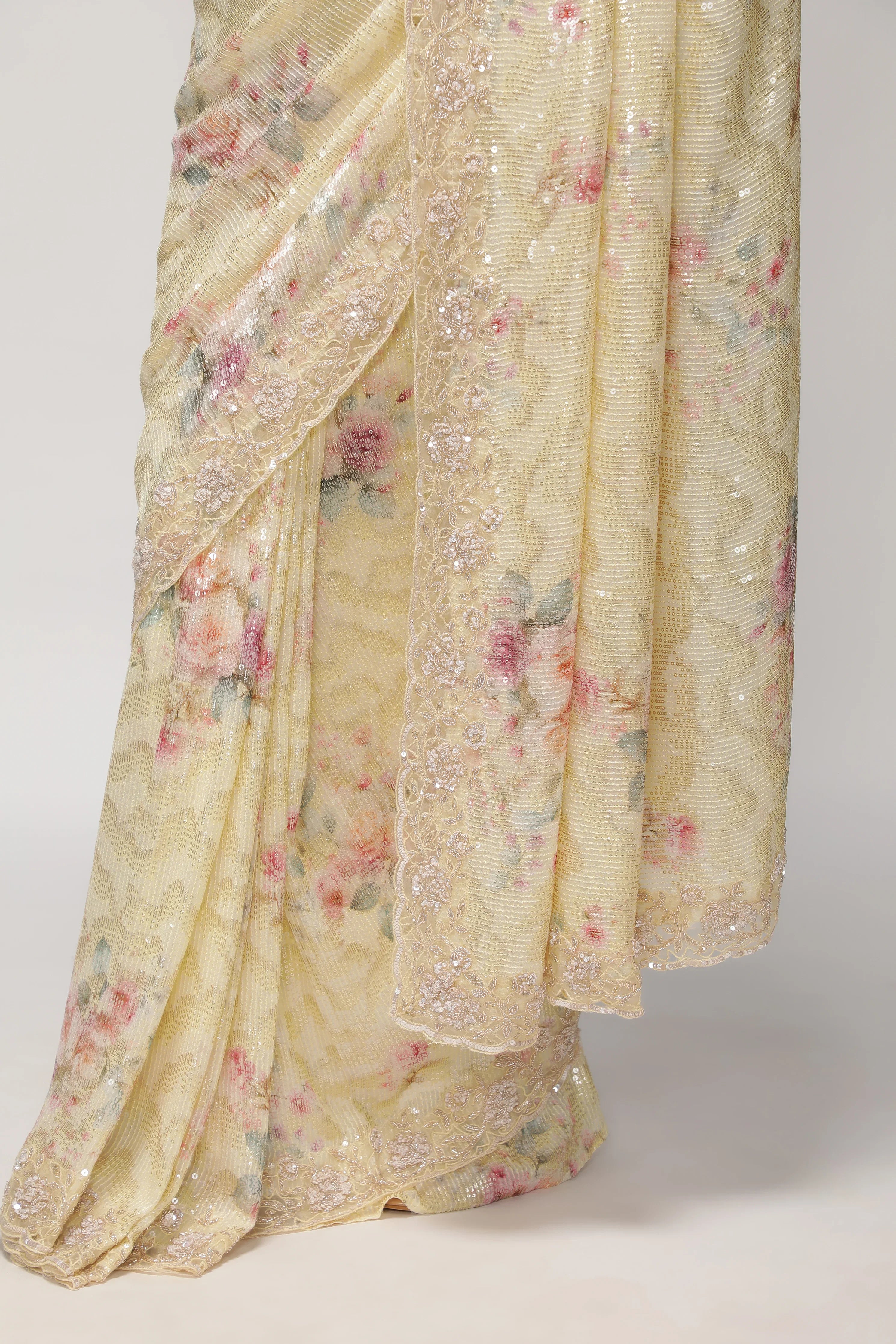 Pastel Lime Georgette Saree with Floral Print, Sequins & Cut Work Border - Mokshaa