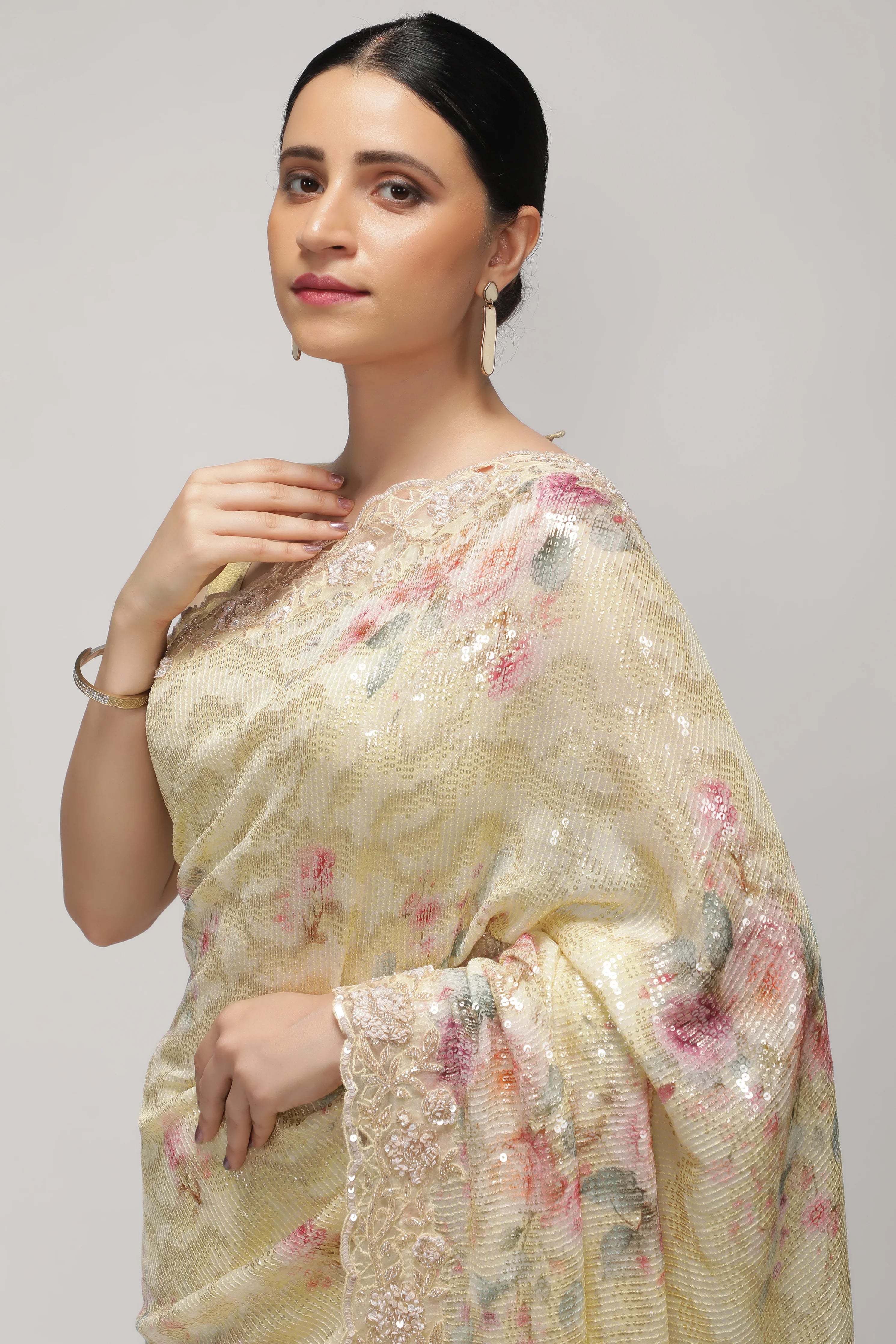 Pastel Lime Georgette Saree with Floral Print, Sequins & Cut Work Border - Mokshaa