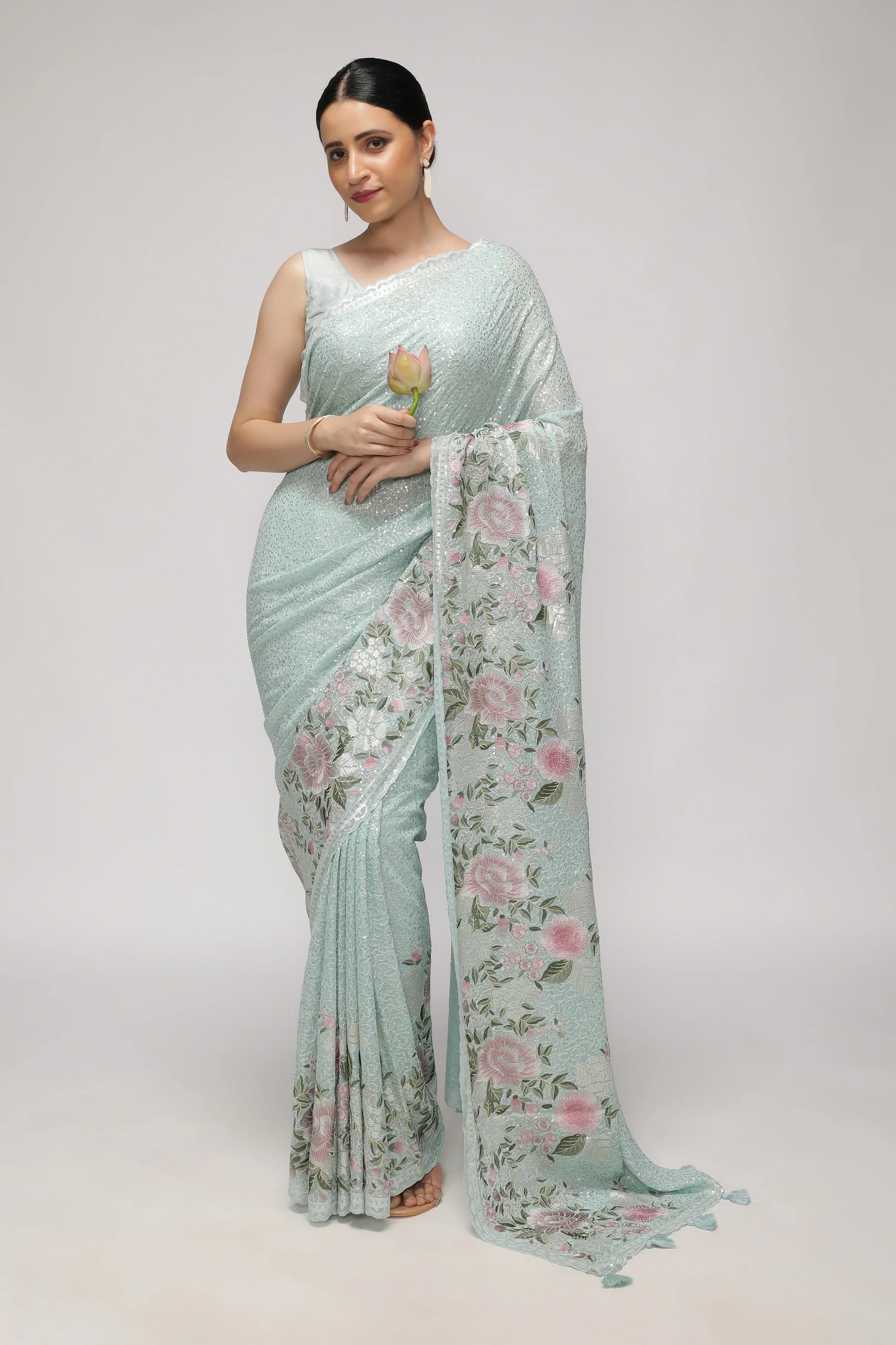 Sea Blue Georgette Saree with All-Over Sequins Body & Embroidered Border - Mokshaa
