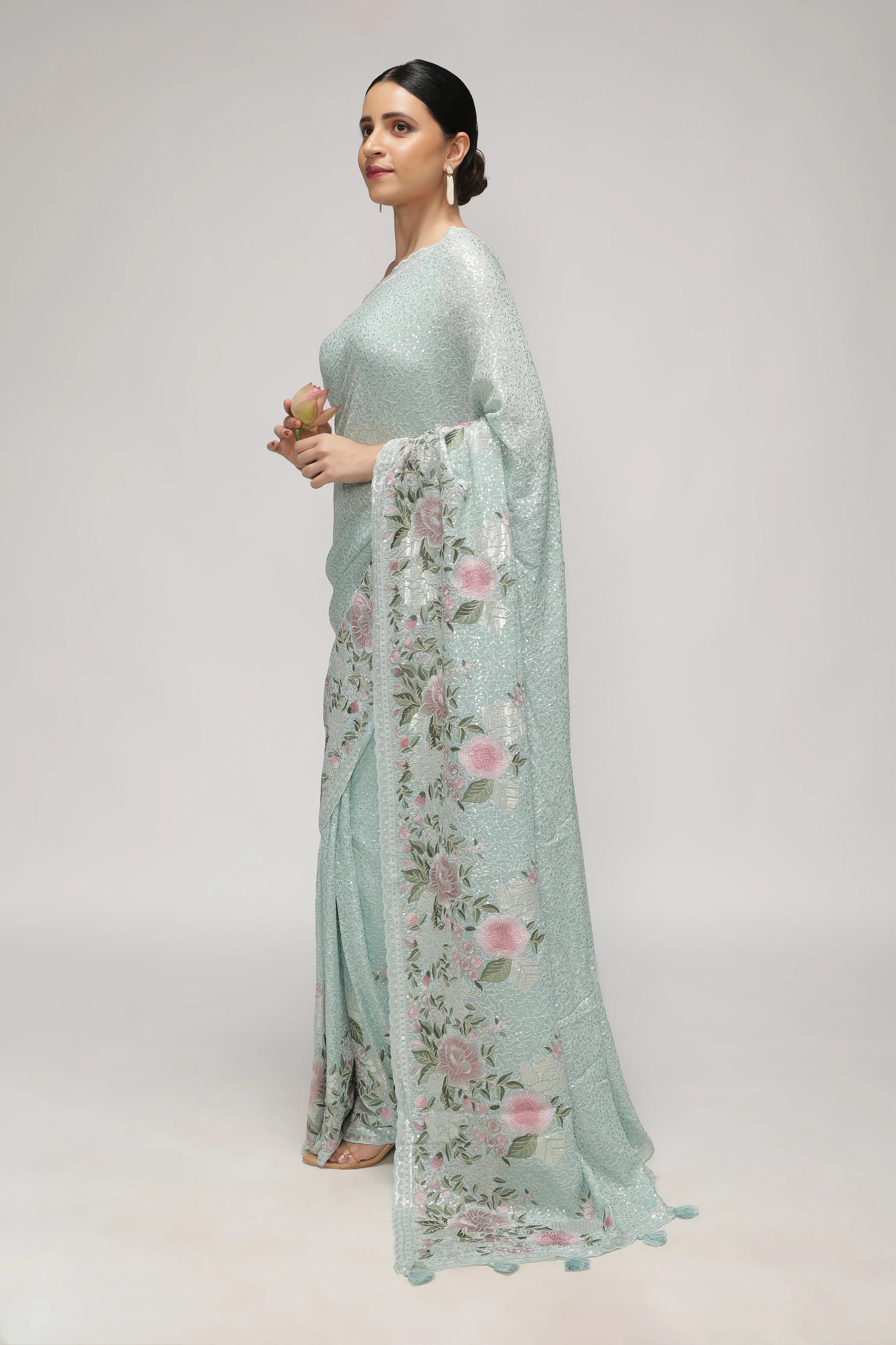 Sea Blue Georgette Saree with All-Over Sequins Body & Embroidered Border - Mokshaa
