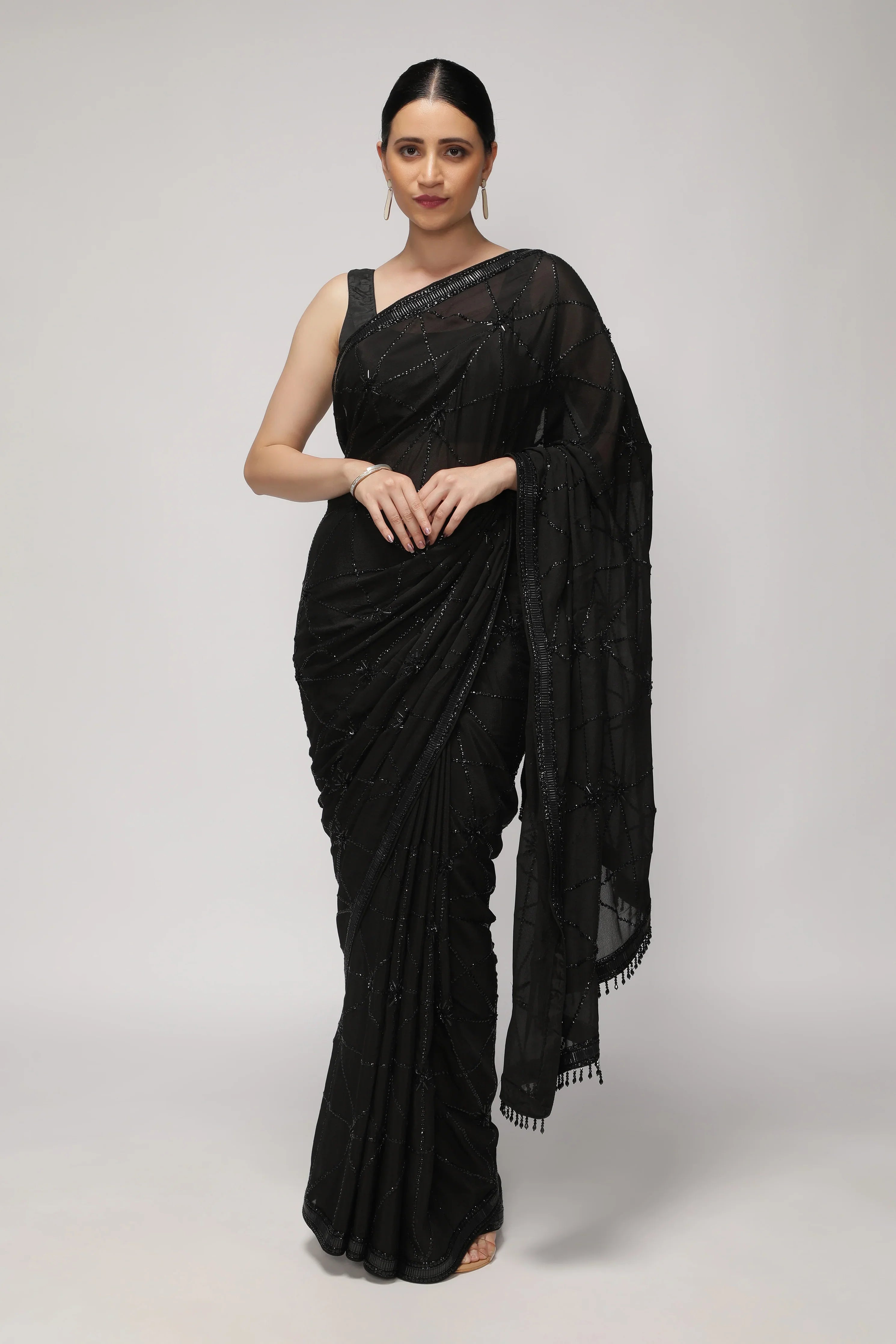 Black Crepe Chiffon Saree with All-Over Sequin Work - Mokshaa