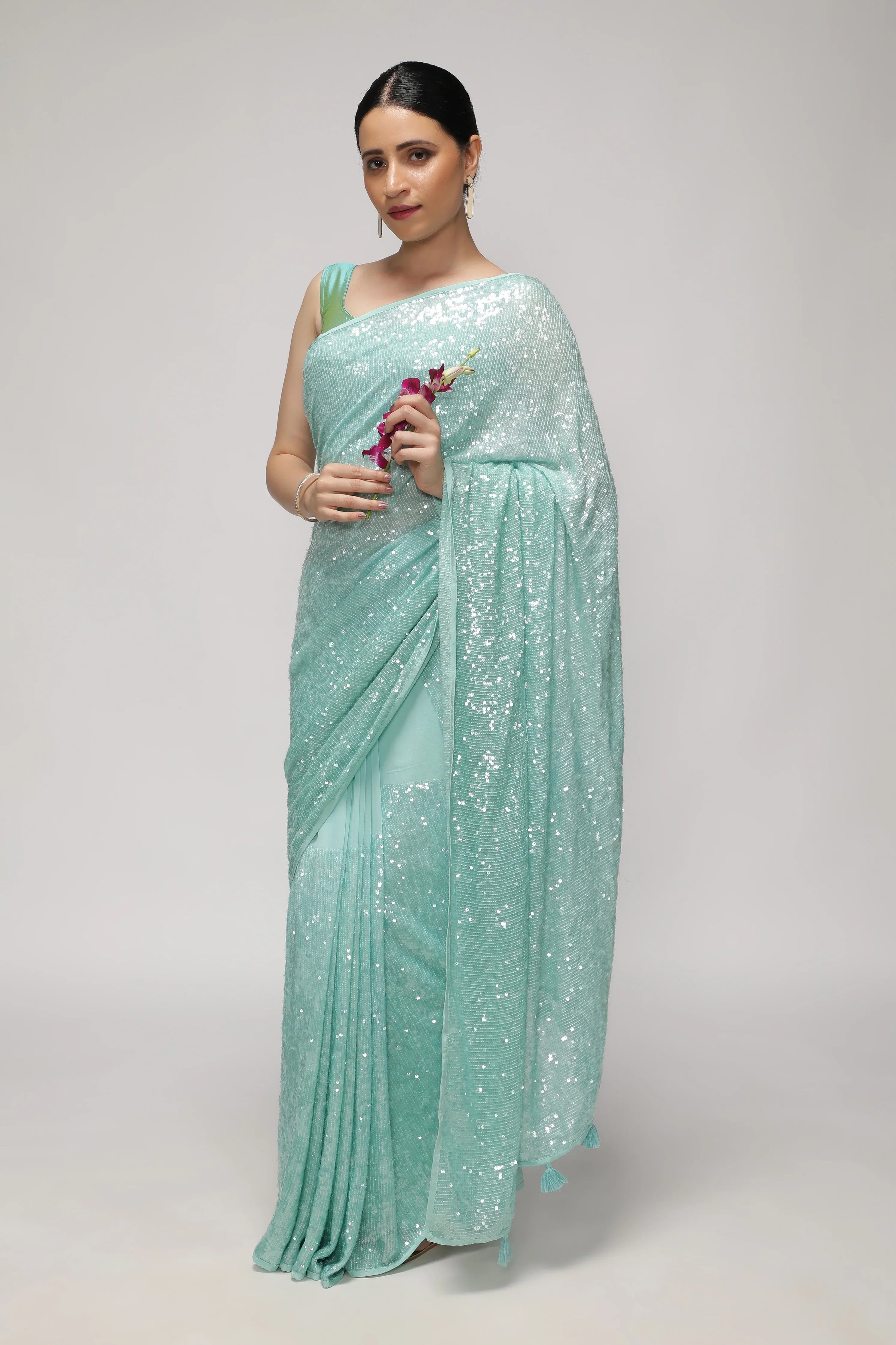 Aqua Blue Georgette Saree with Self Sequins & Thread Work - Mokshaa
