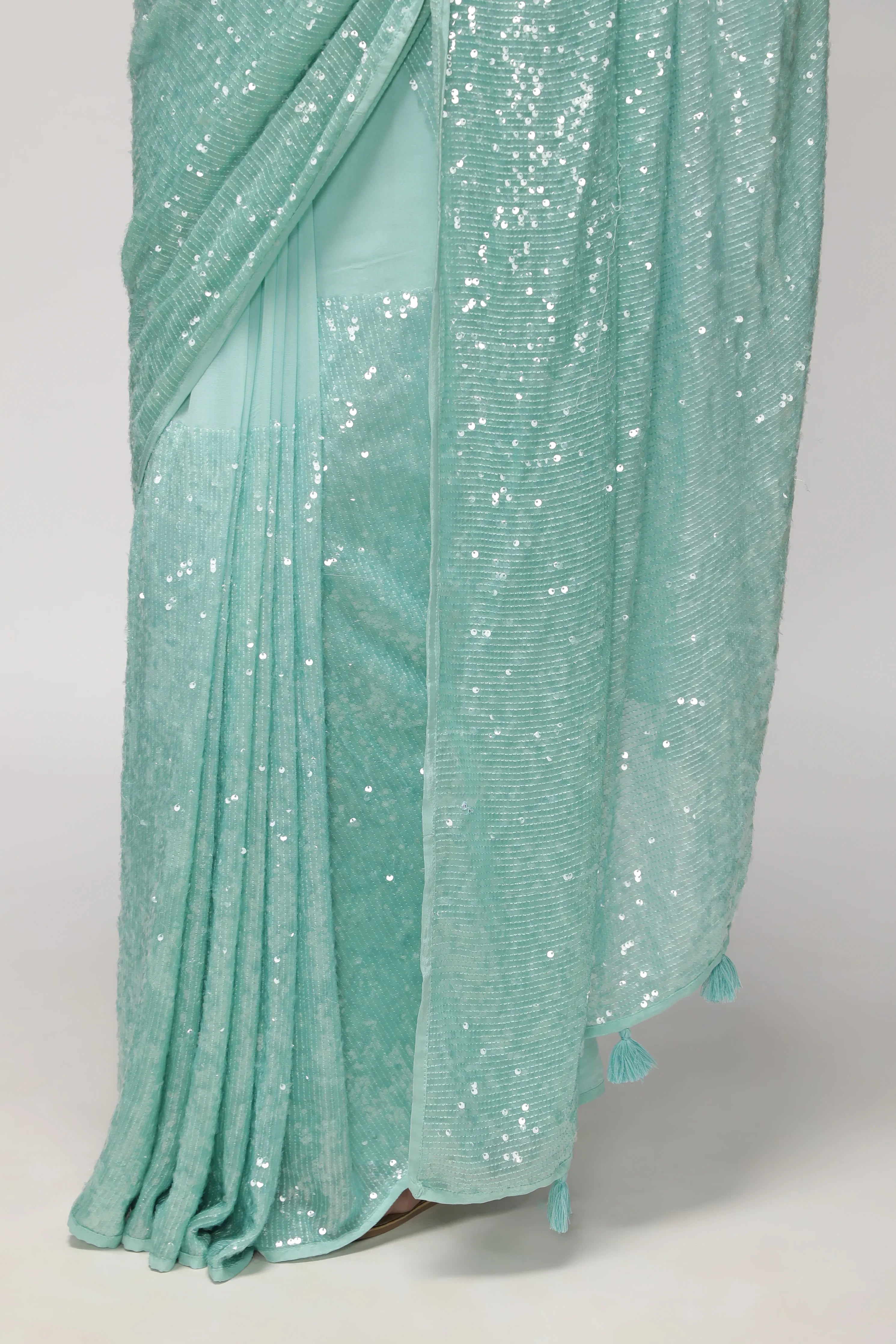 Aqua Blue Georgette Saree with Self Sequins & Thread Work - Mokshaa