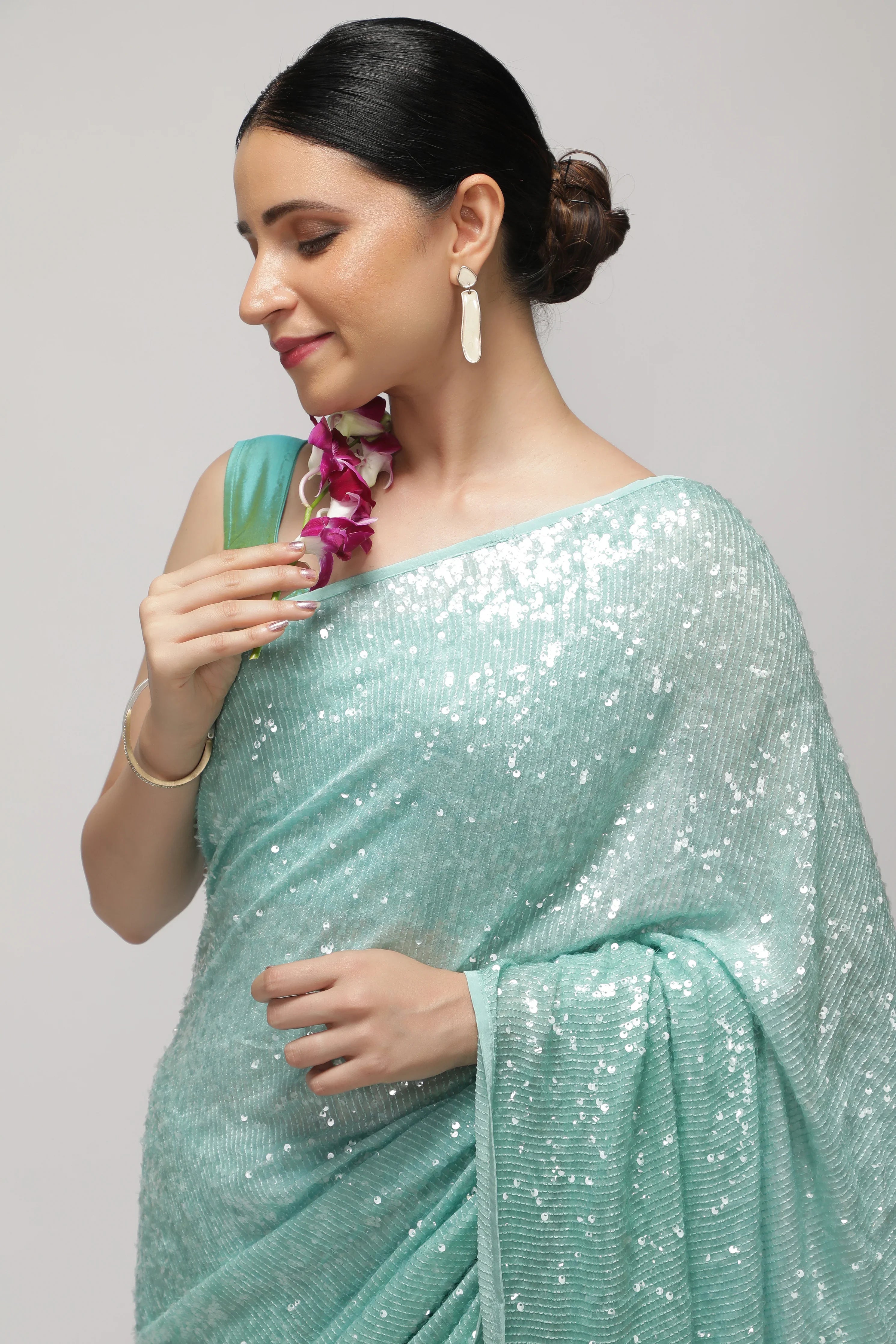 Aqua Blue Georgette Saree with Self Sequins & Thread Work - Mokshaa
