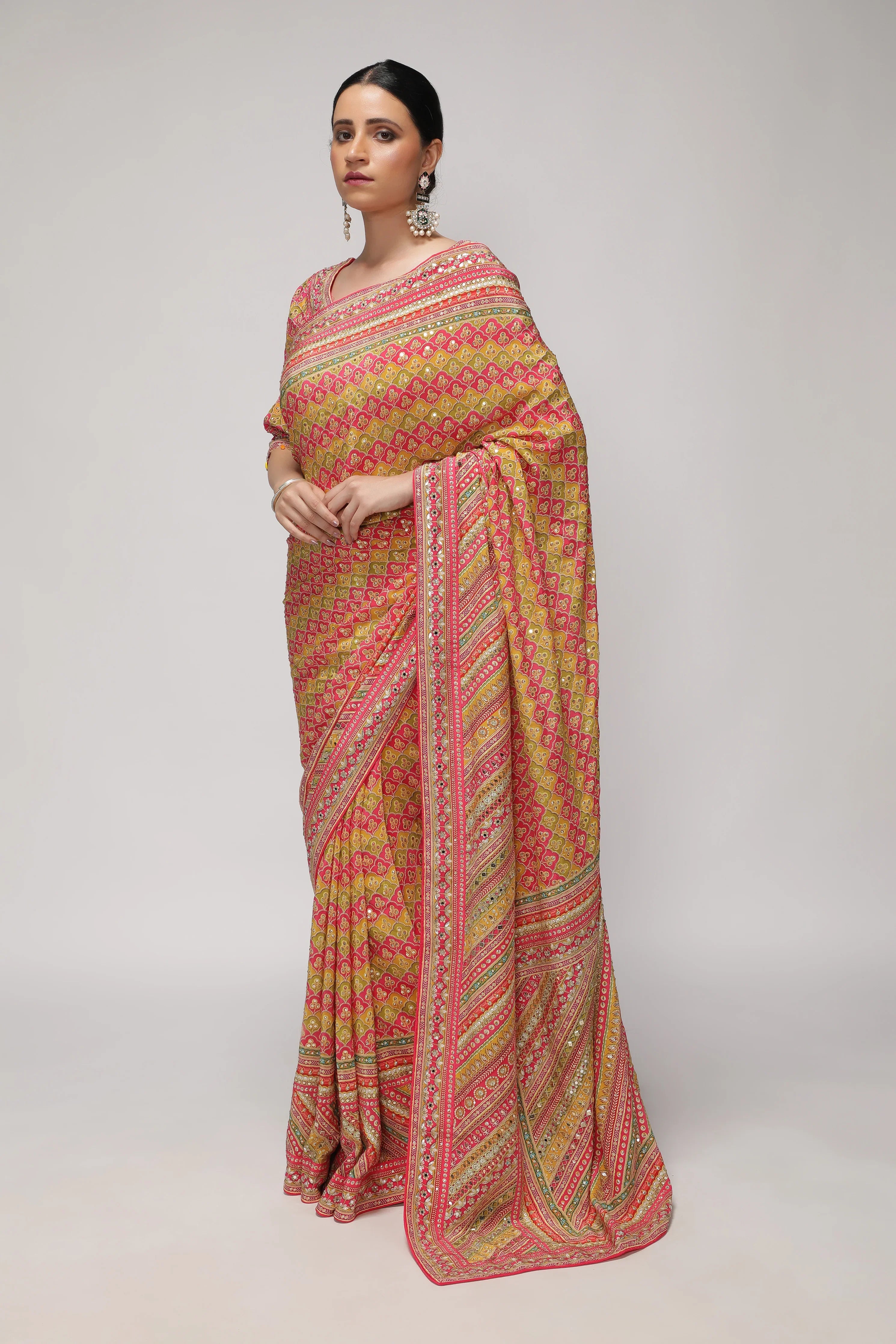 Multicolor Satin Silk Saree with All-Over Print & Sequin Embellishments - Mokshaa