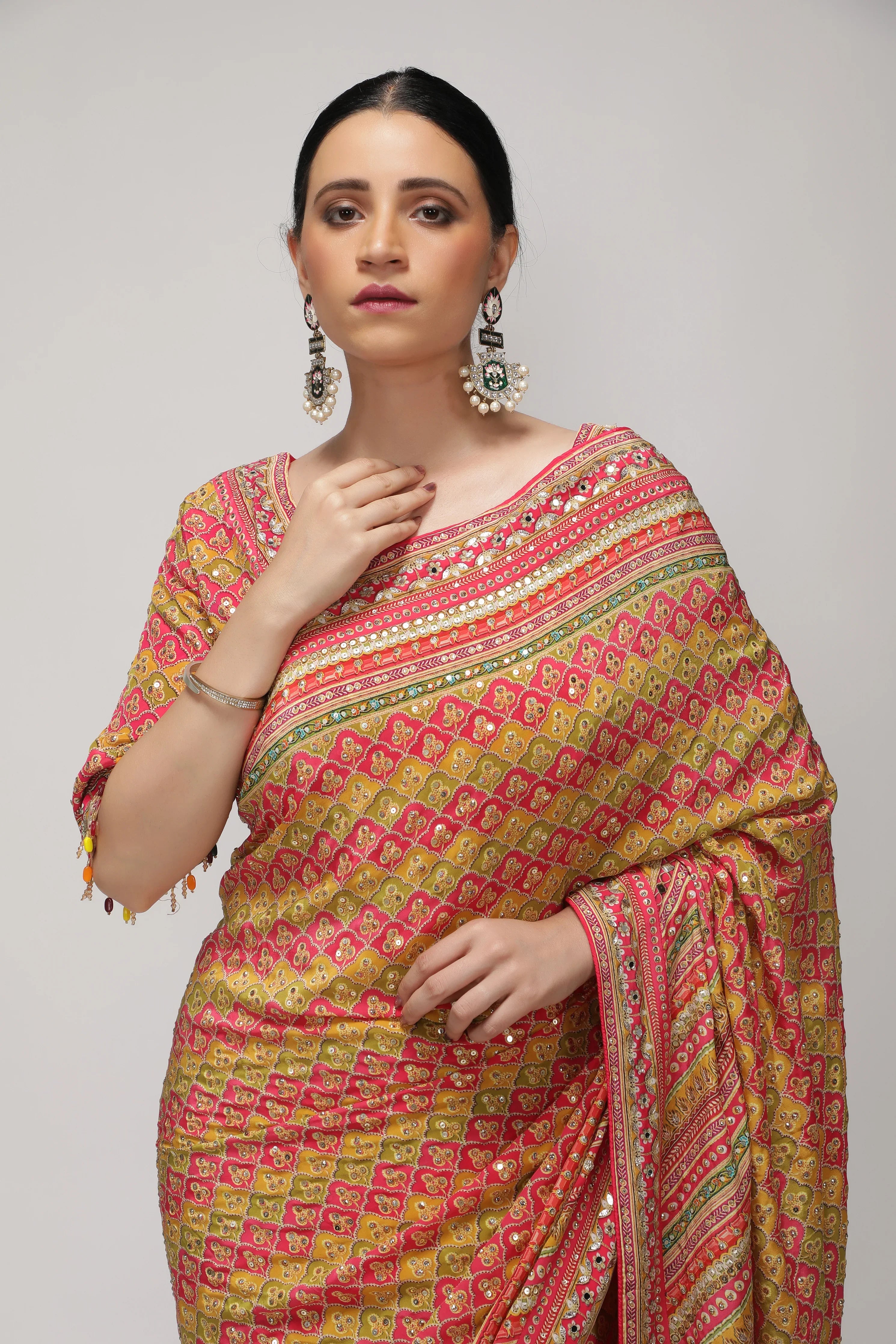 Multicolor Satin Silk Saree with All-Over Print & Sequin Embellishments - Mokshaa