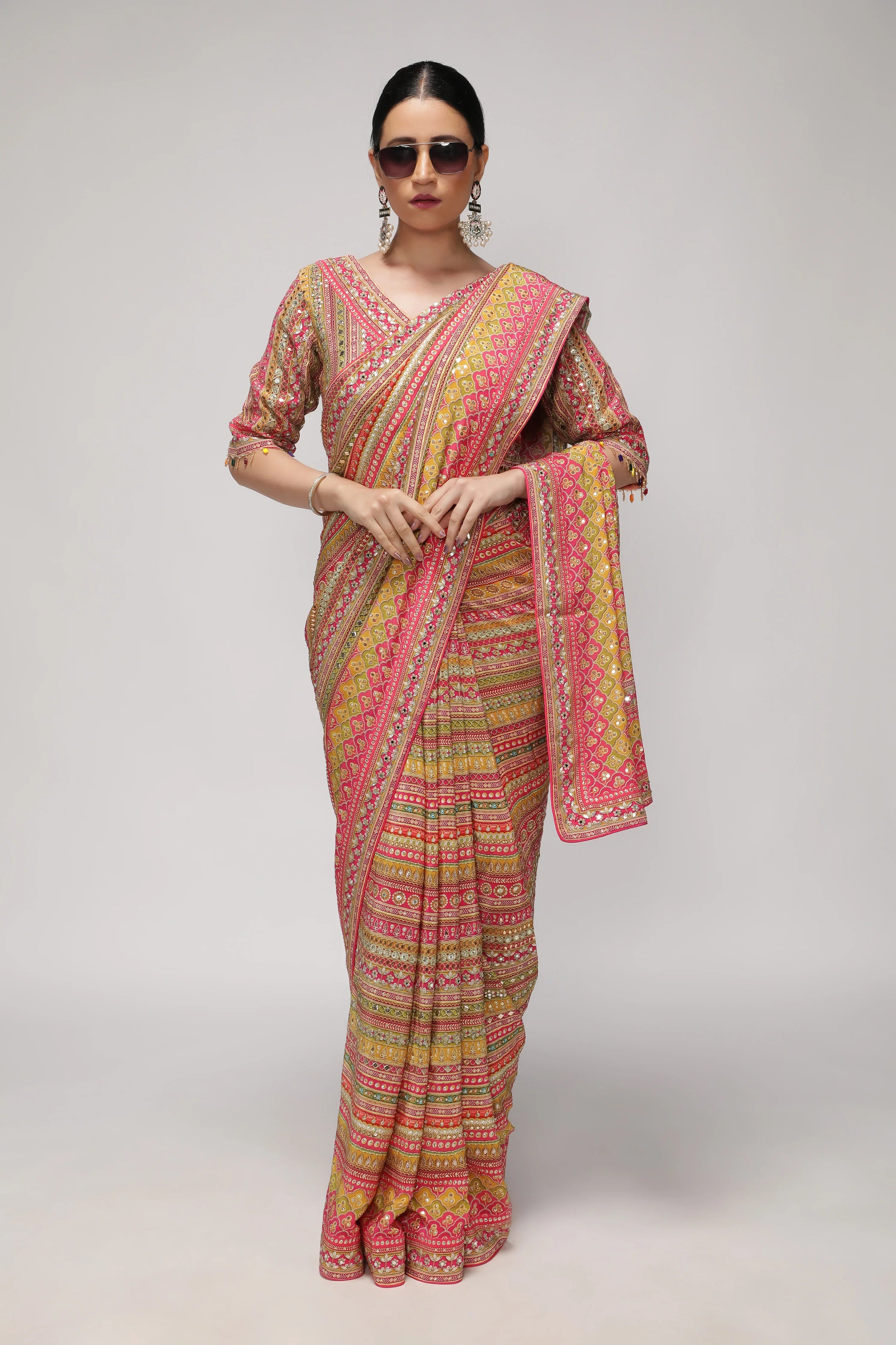 Multicolor Satin Silk Saree with All-Over Print, Sequin & Mirror Work - Mokshaa