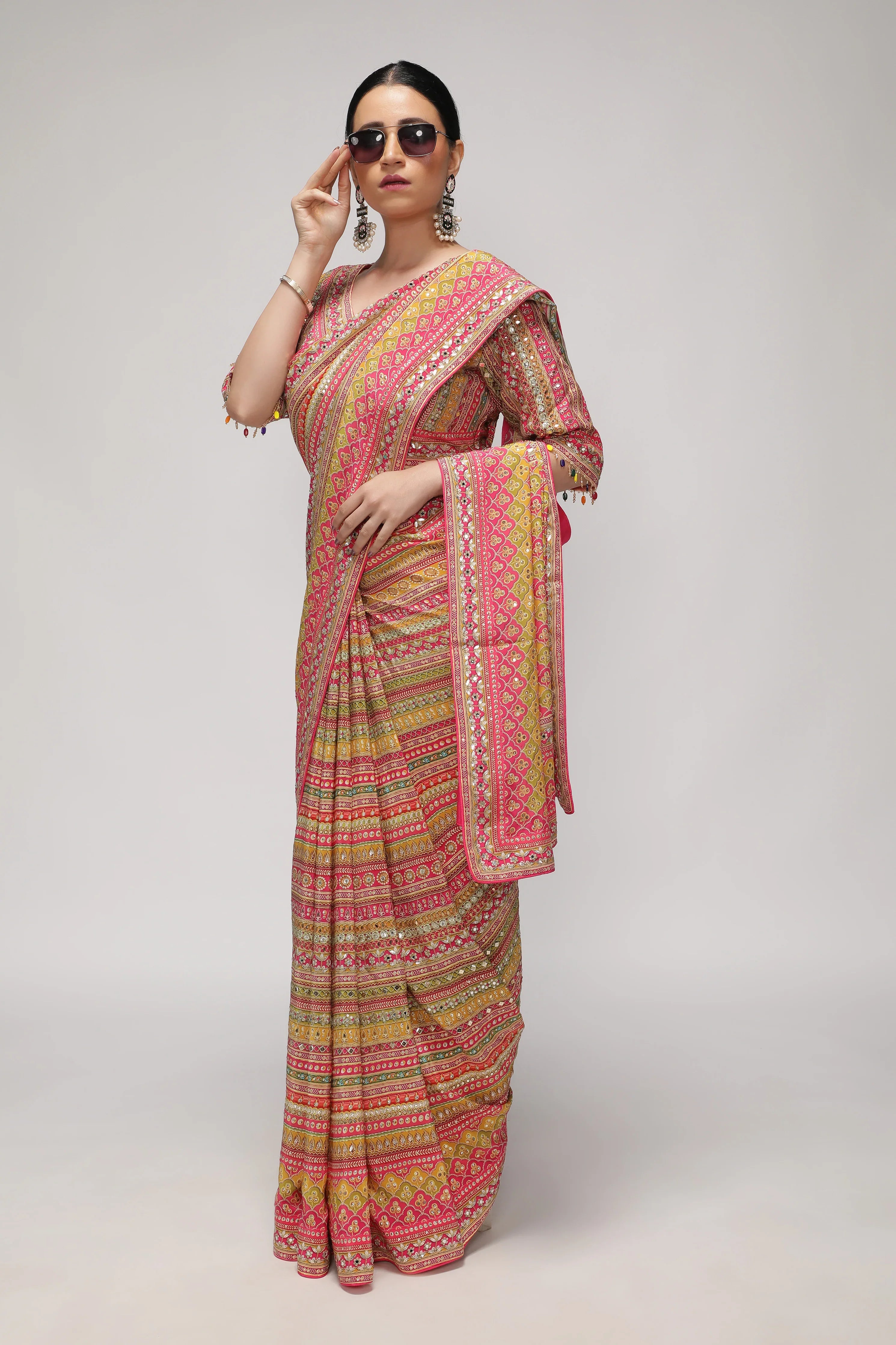 Multicolor Satin Silk Saree with All-Over Print, Sequin & Mirror Work - Mokshaa