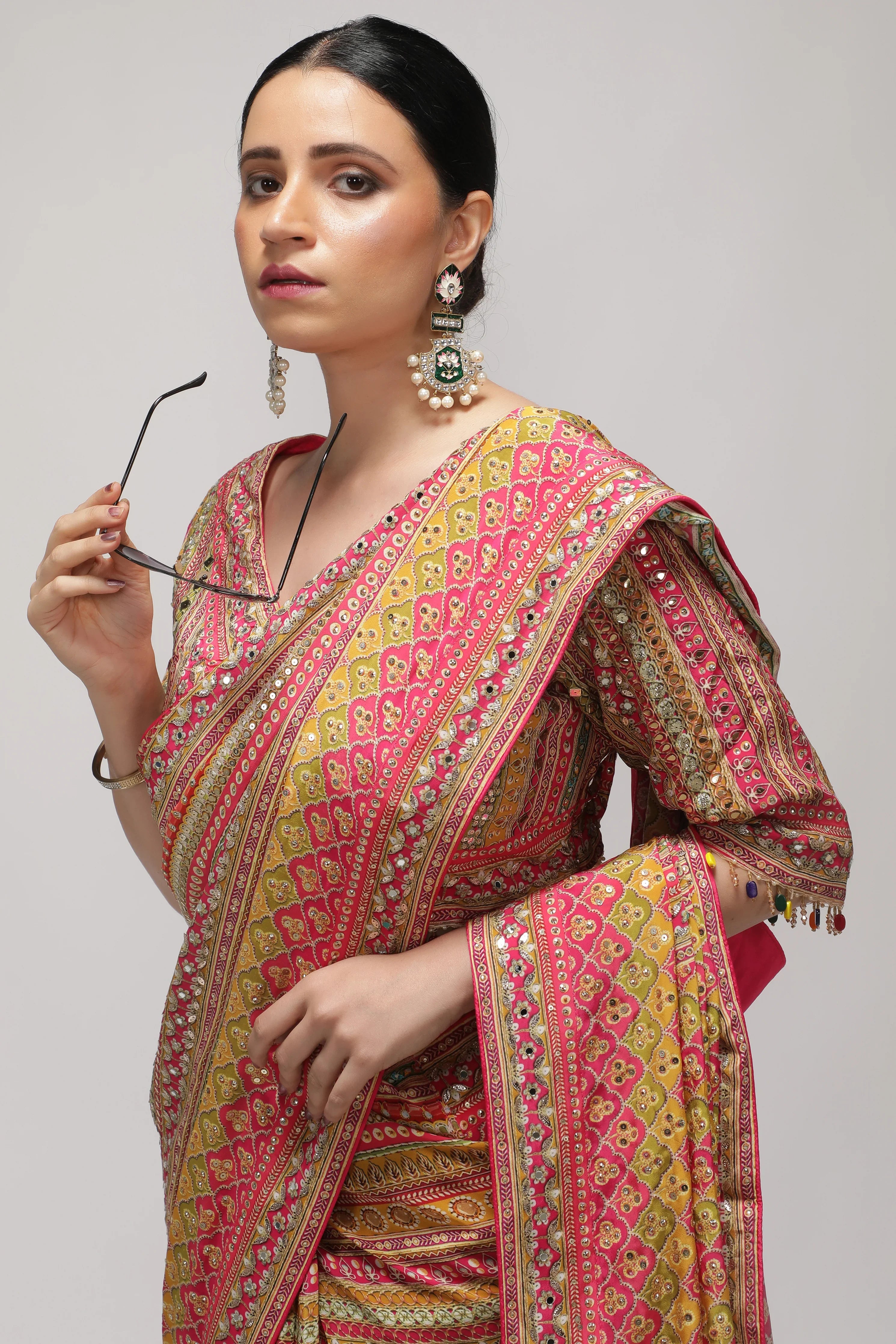 Multicolor Satin Silk Saree with All-Over Print, Sequin & Mirror Work - Mokshaa