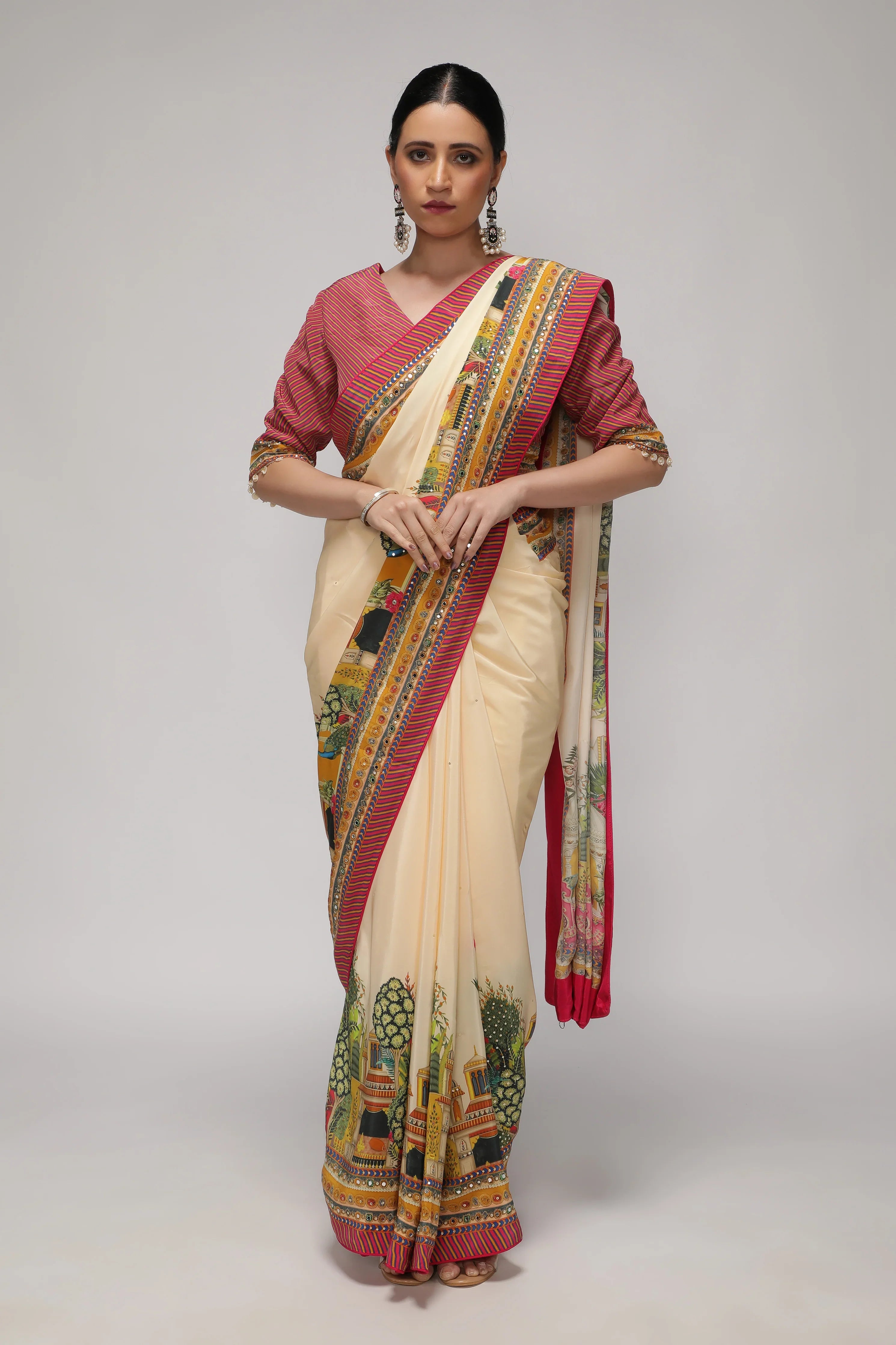 Cream Satin Silk Saree with Multicolor Printed Border - Mokshaa