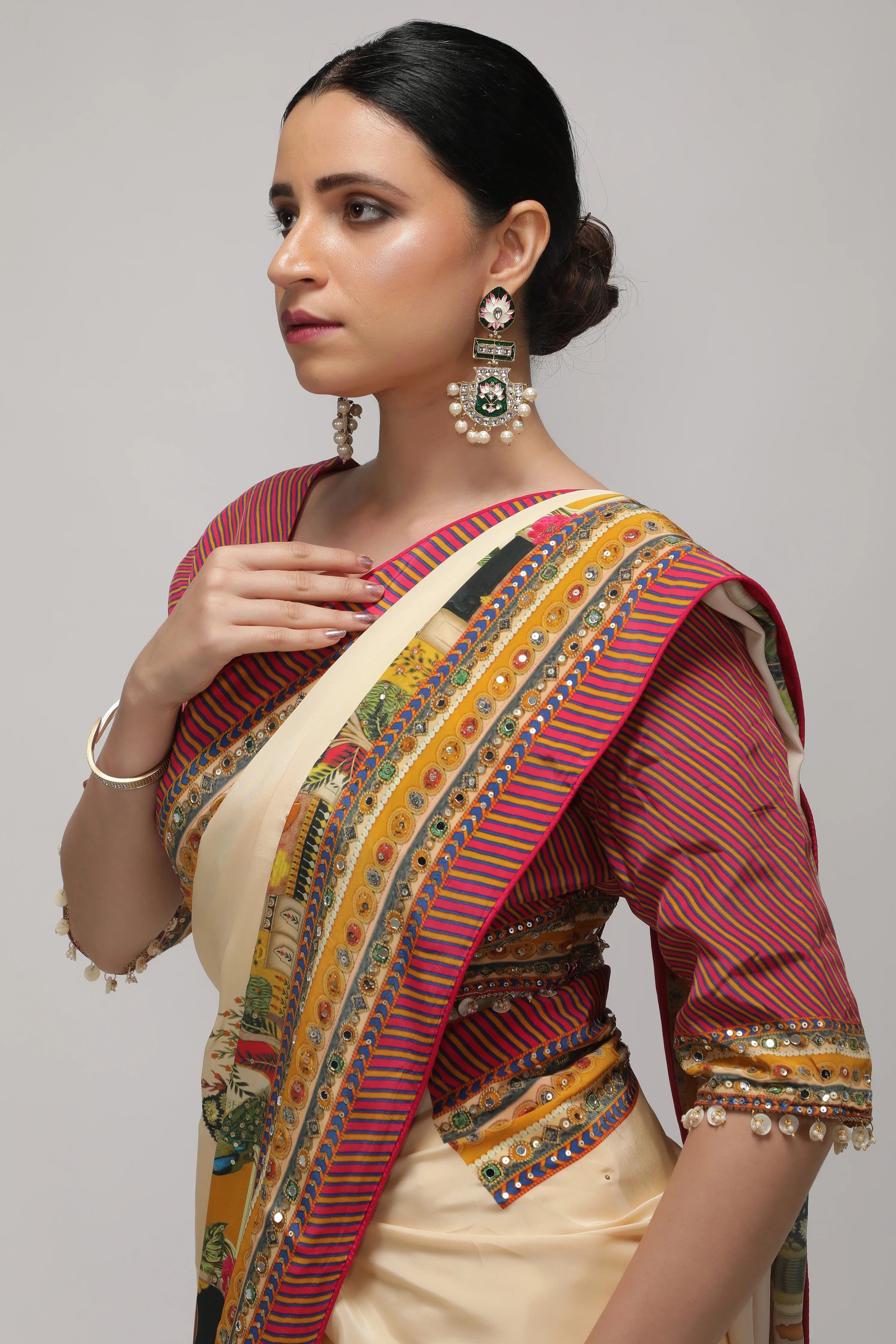 Cream Satin Silk Saree with Multicolor Printed Border - Mokshaa