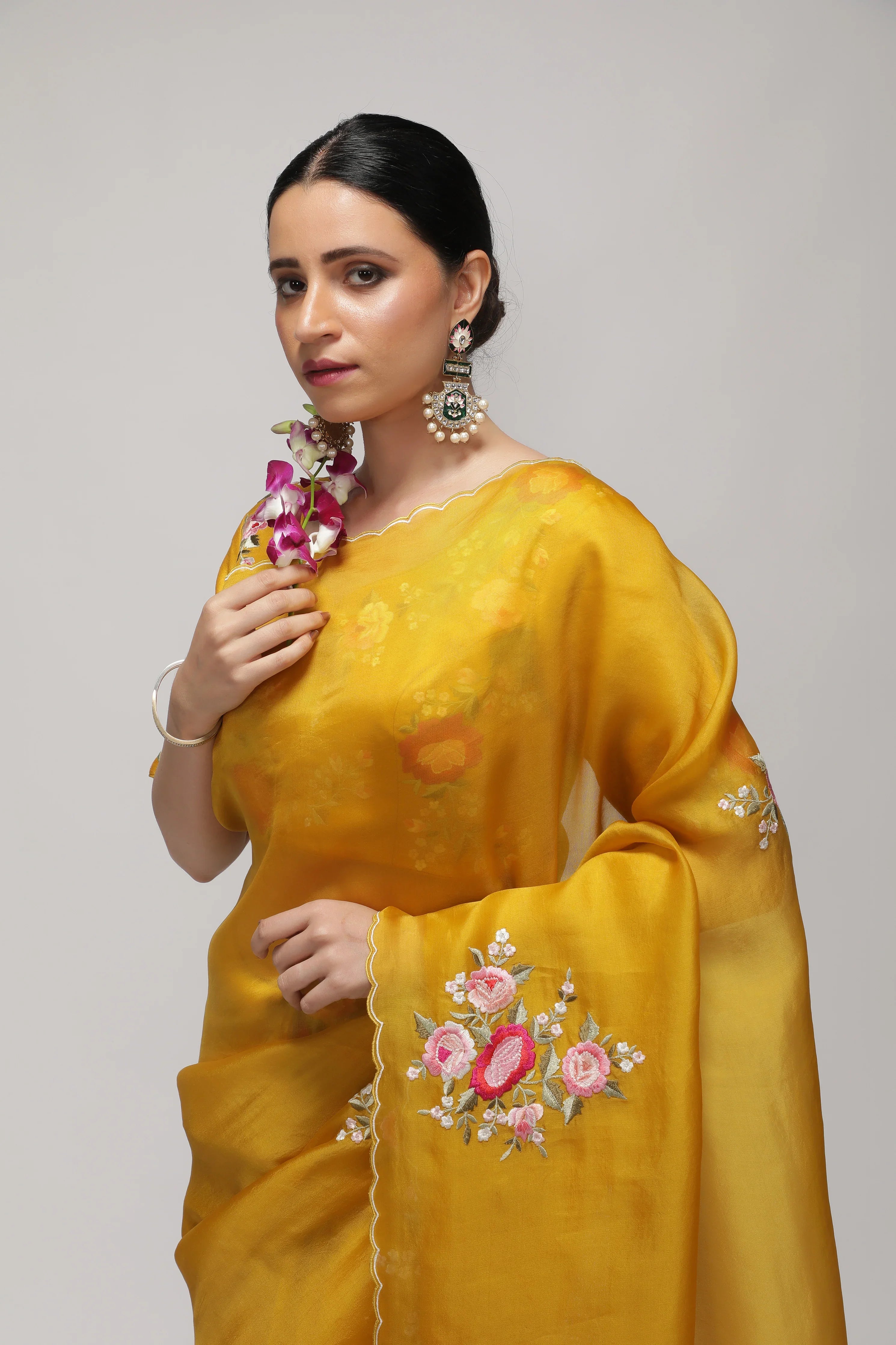 Mustard Yellow Organza Saree with Multi-Floral Embroidery Motifs - Mokshaa