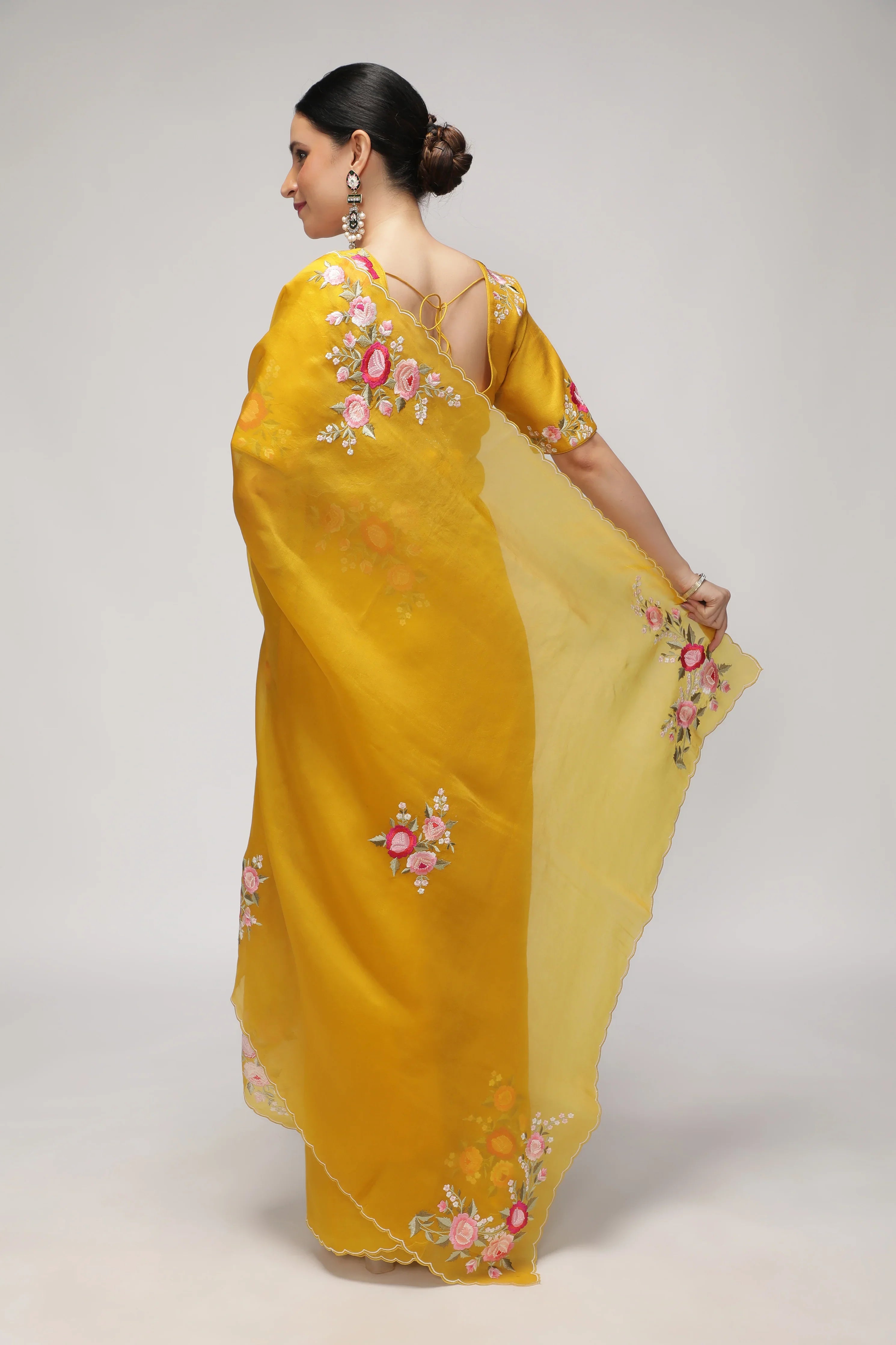 Mustard Yellow Organza Saree with Multi-Floral Embroidery Motifs - Mokshaa