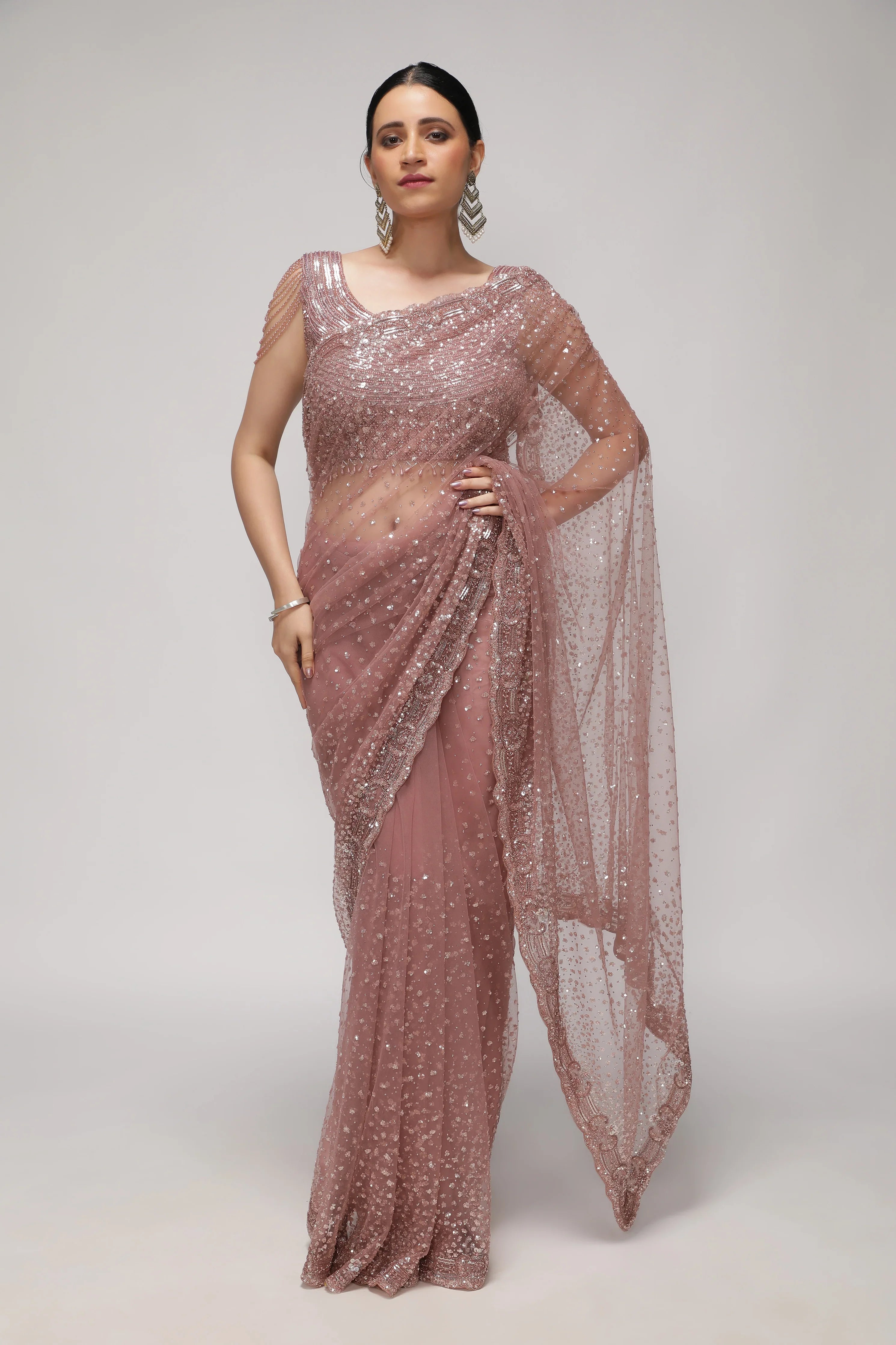 Dusty Rose Net Saree with All-Over Sequin & Pearl Scallop Border - Mokshaa