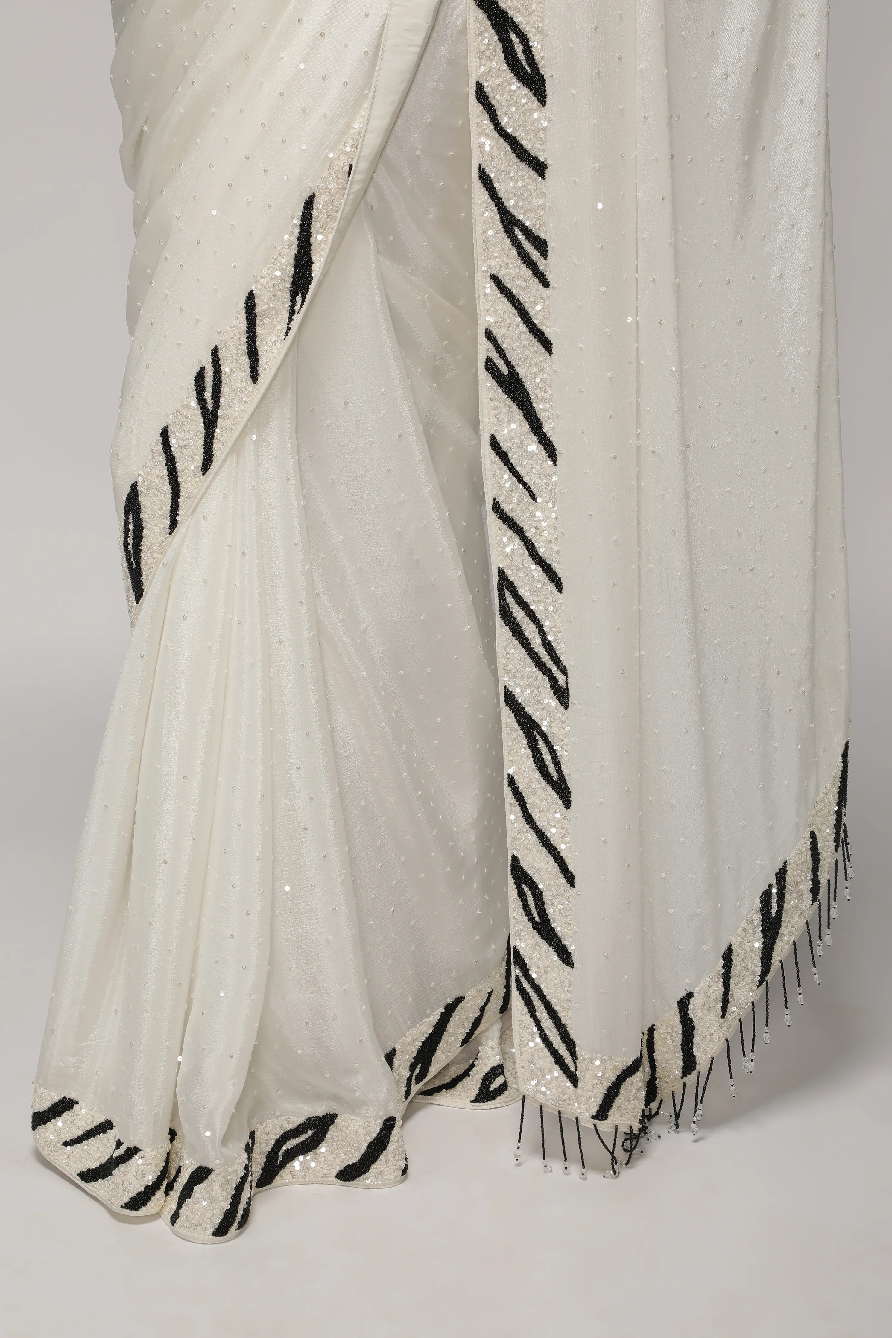 White Crepe Chiffon Saree with Sequins and Beaded Border - Mokshaa