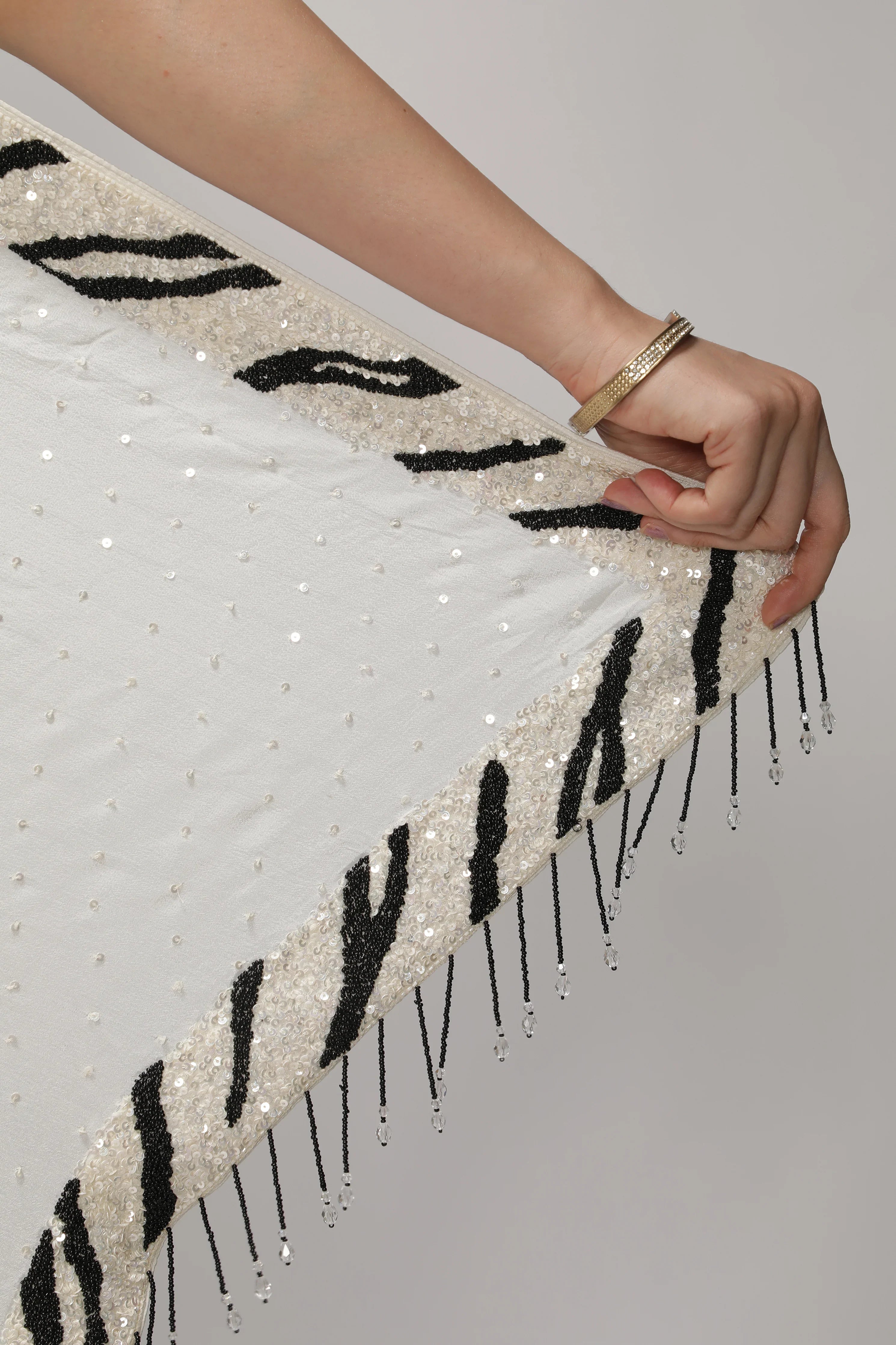 White Crepe Chiffon Saree with Sequins and Beaded Border - Mokshaa