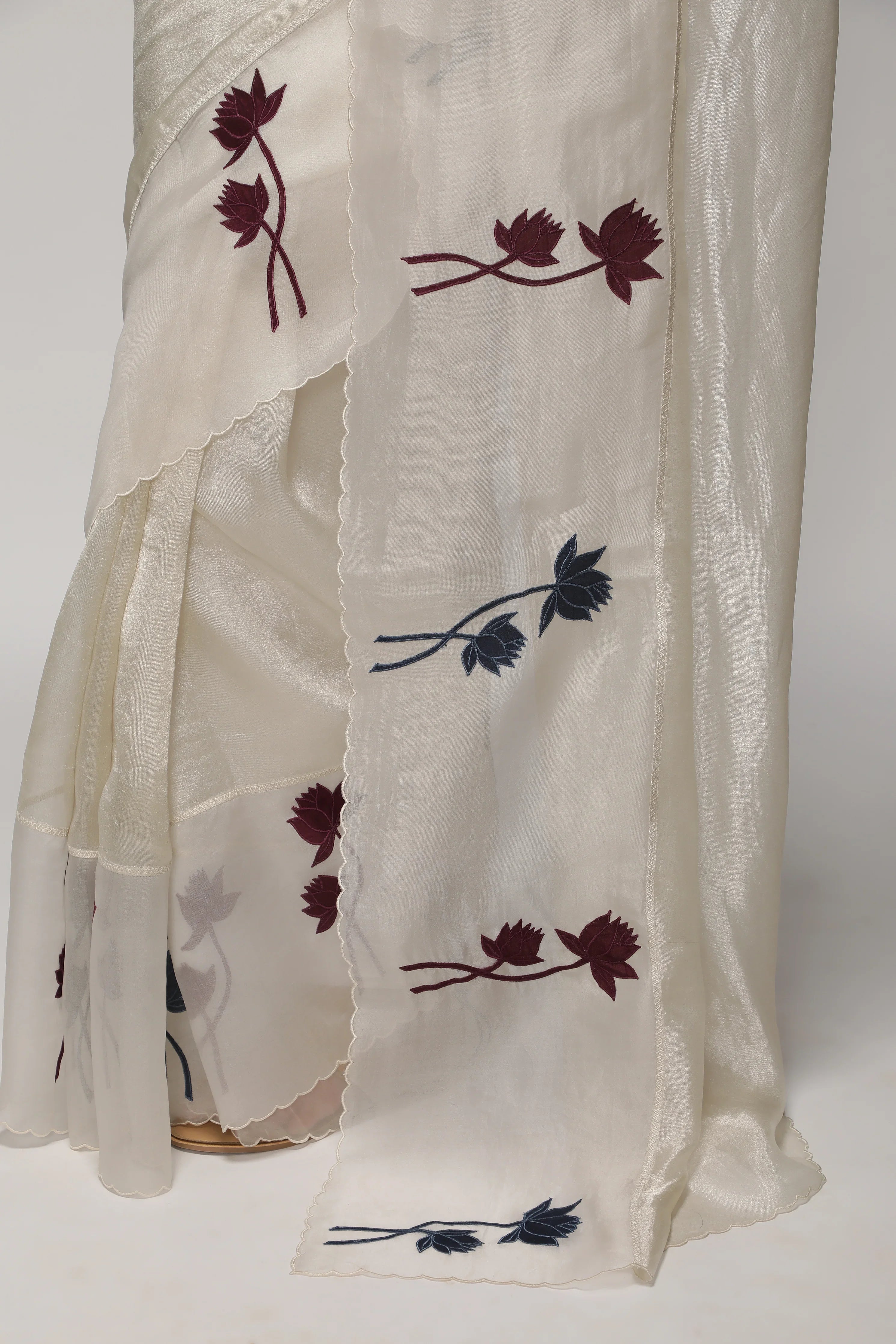 Silver White Tissue Saree with Multicolor Floral AppliquéKora Border - Mokshaa