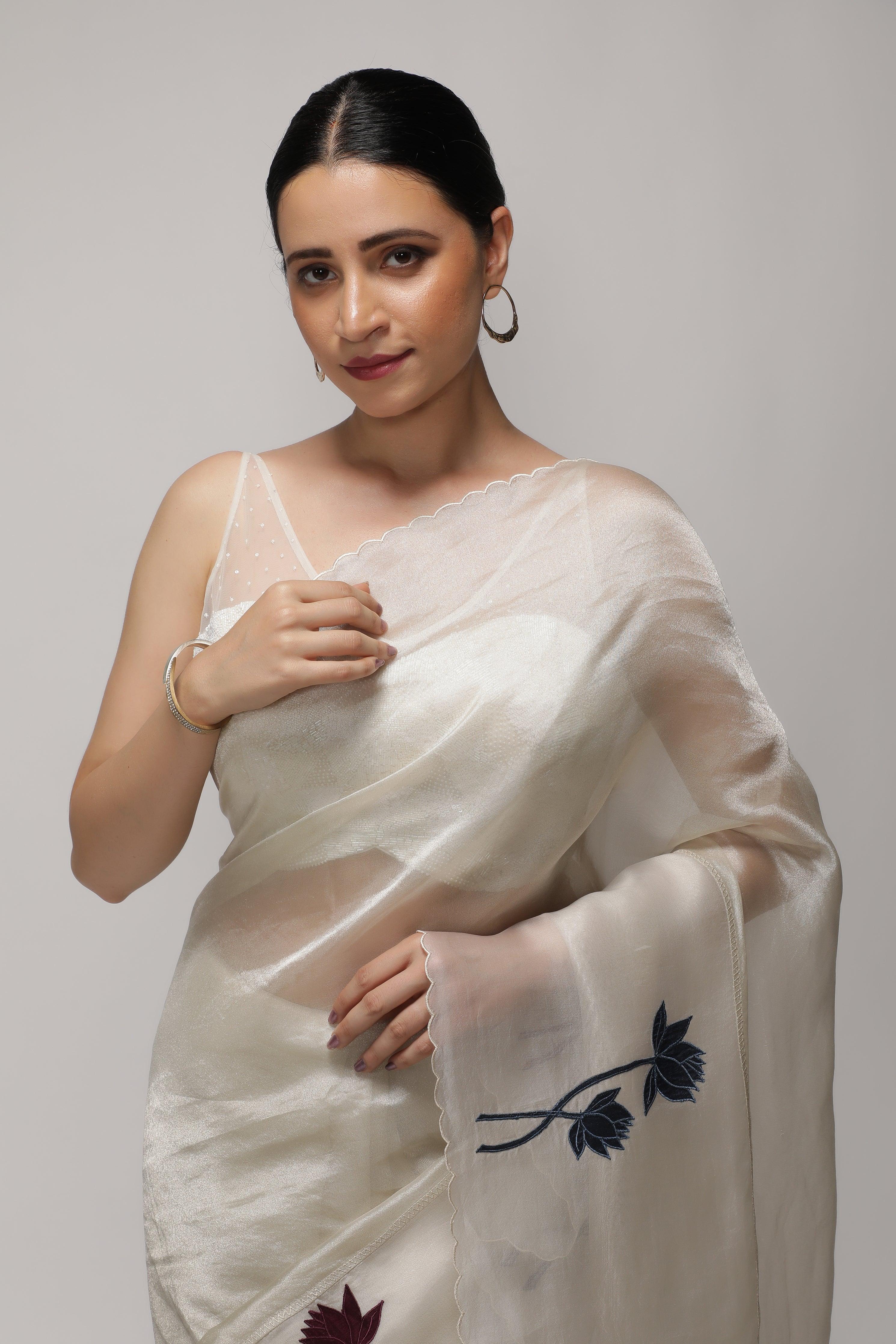 Silver White Tissue Saree with Multicolor Floral AppliquéKora Border - Mokshaa