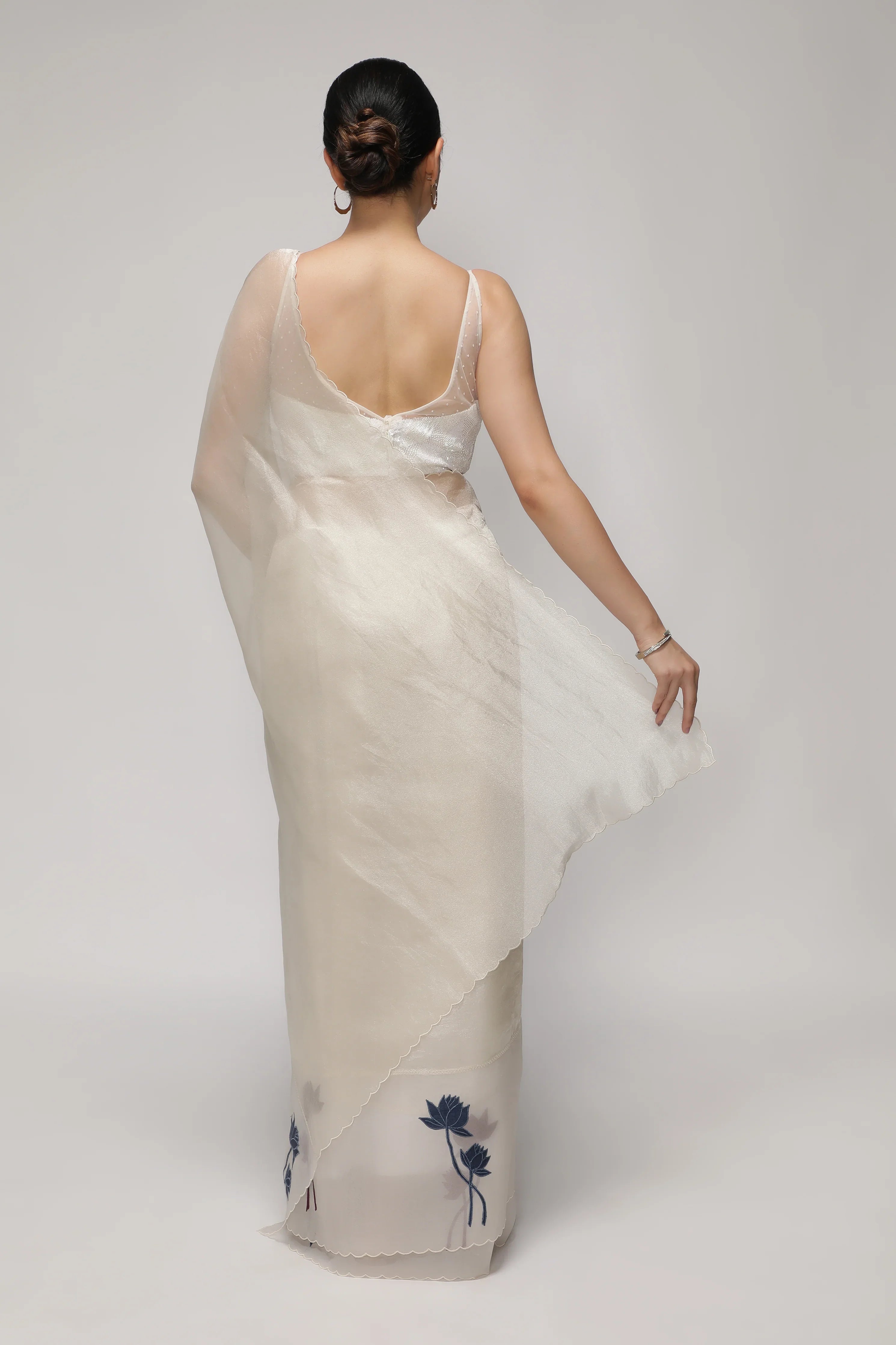Silver White Tissue Saree with Multicolor Floral AppliquéKora Border - Mokshaa