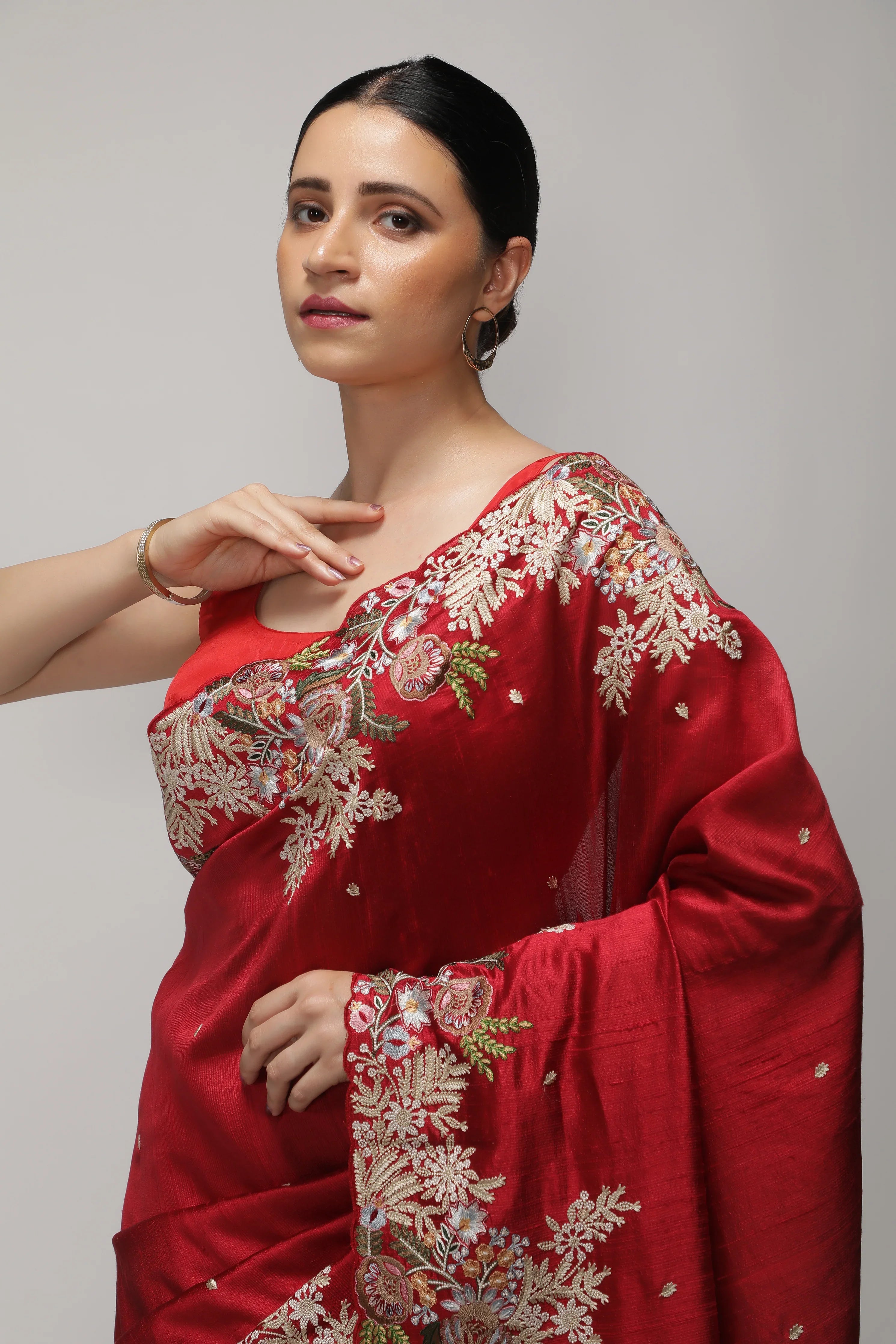 Red Handloom Tussar Saree with Contrast Embroidery Scallop Border - Mokshaa