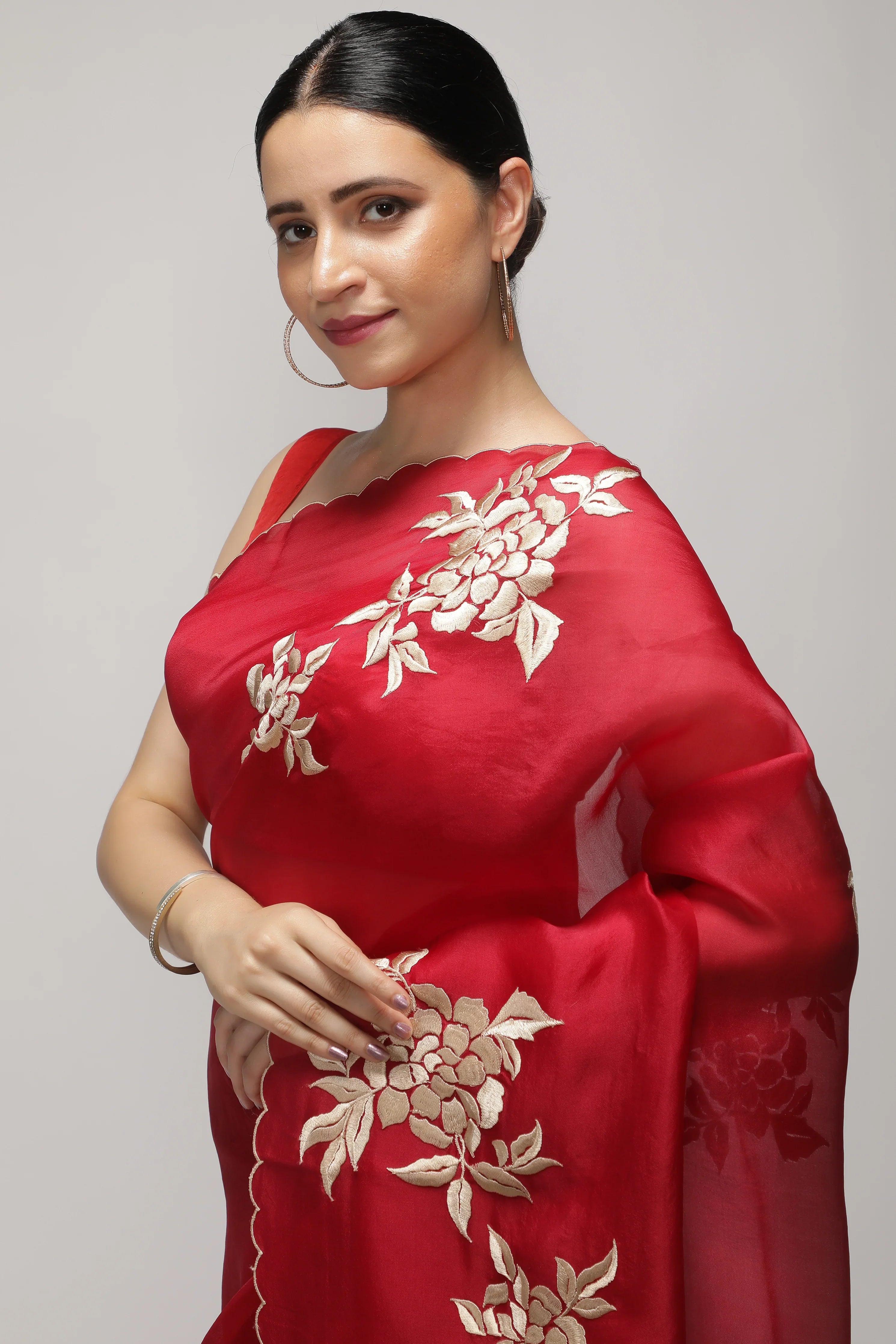 Red Organza Saree with All-Over Floral Thread Work Motifs - Mokshaa
