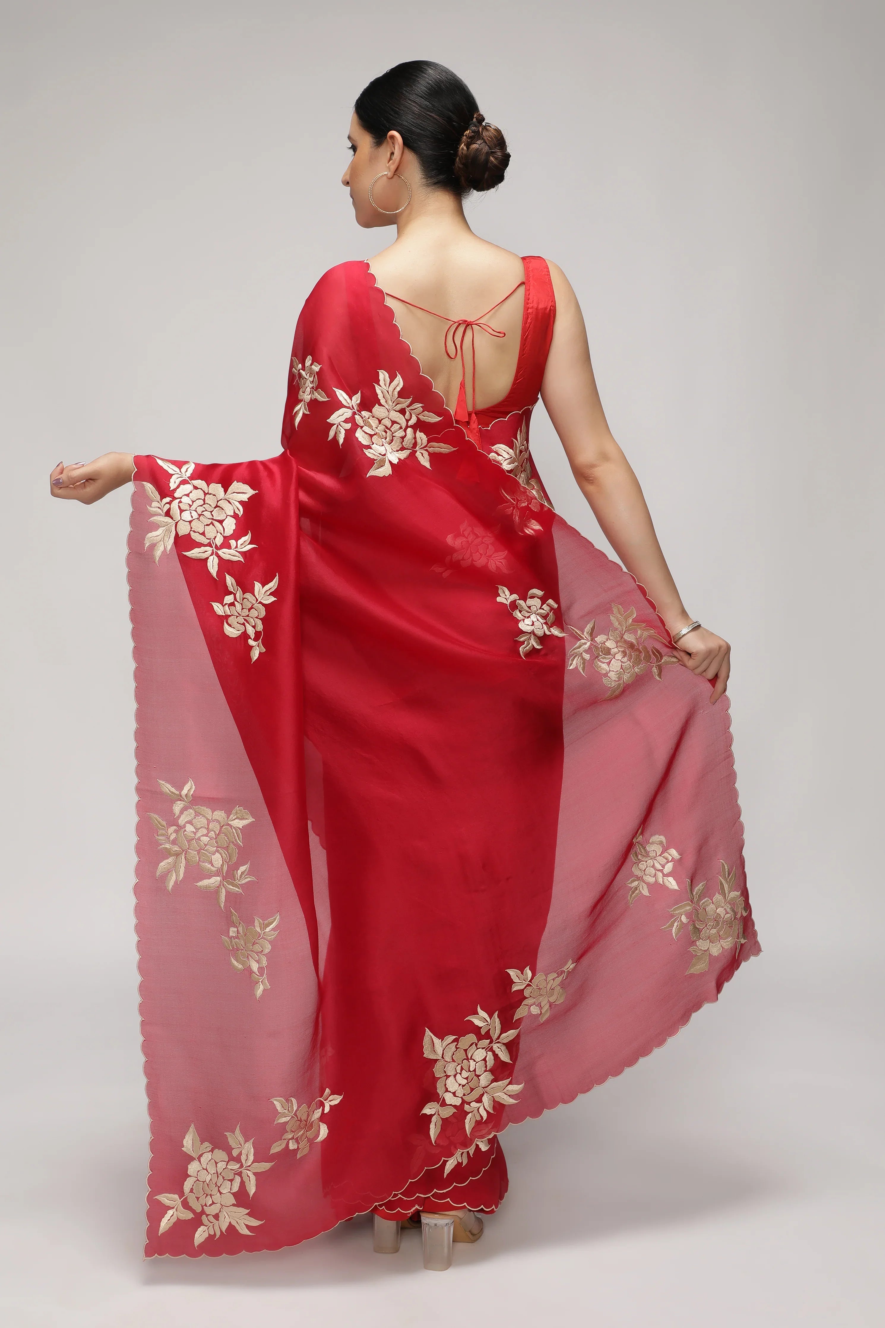 Red Organza Saree with All-Over Floral Thread Work Motifs - Mokshaa