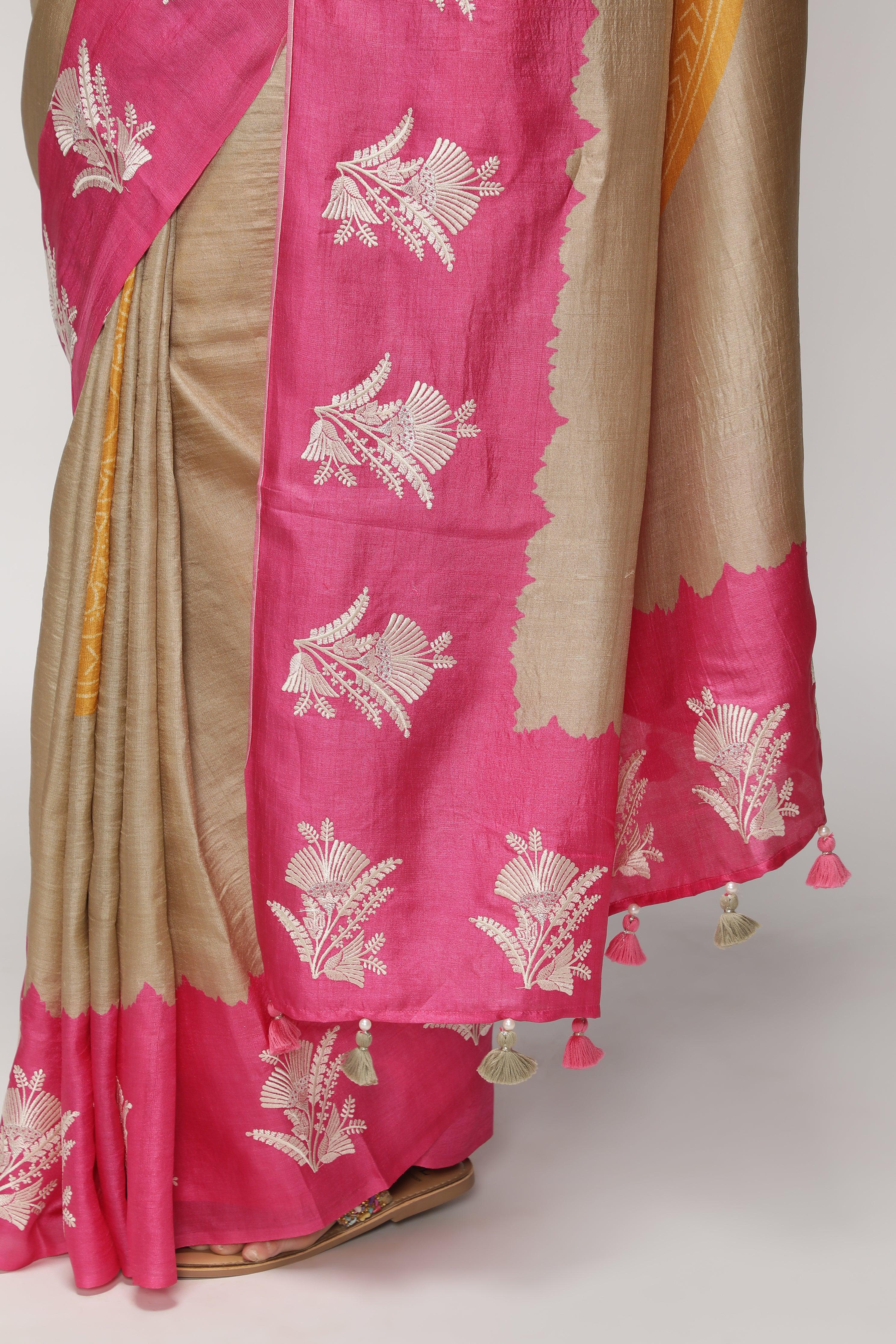 Chikoo and Pink Tussar Saree with Bandhani Print & Contrast Embroidery Border - Mokshaa
