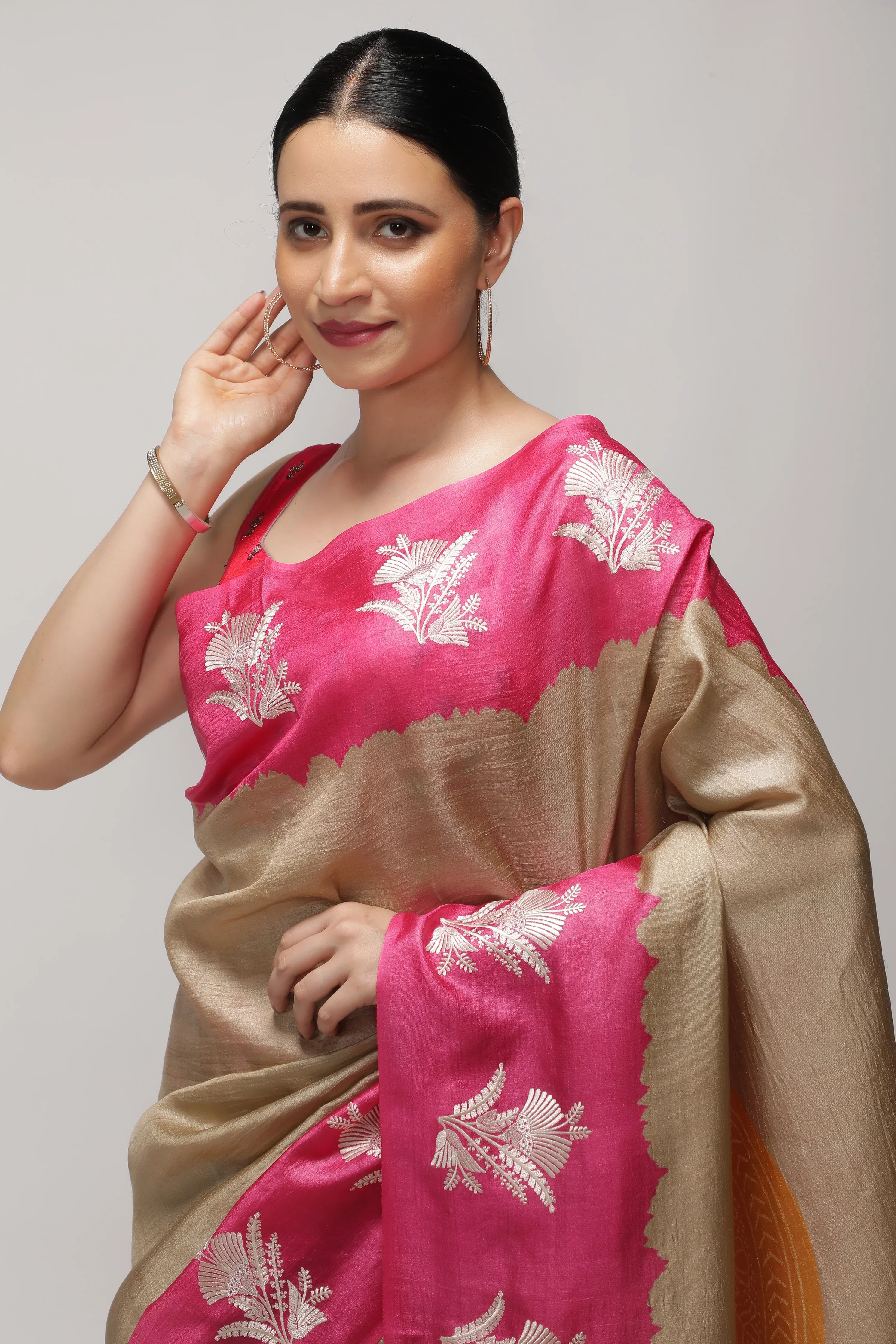 Chikoo and Pink Tussar Saree with Bandhani Print & Contrast Embroidery Border - Mokshaa
