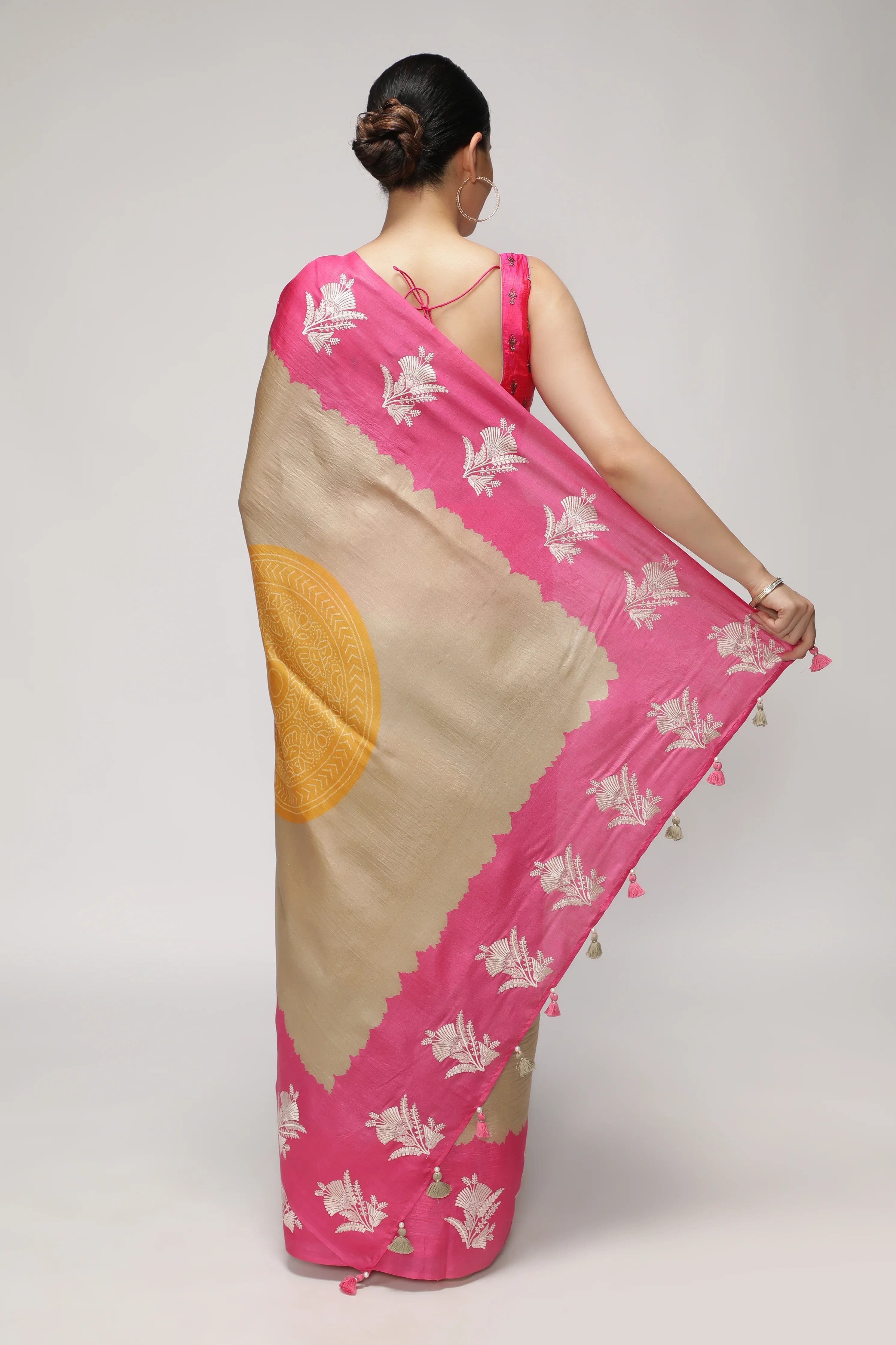 Chikoo and Pink Tussar Saree with Bandhani Print & Contrast Embroidery Border - Mokshaa