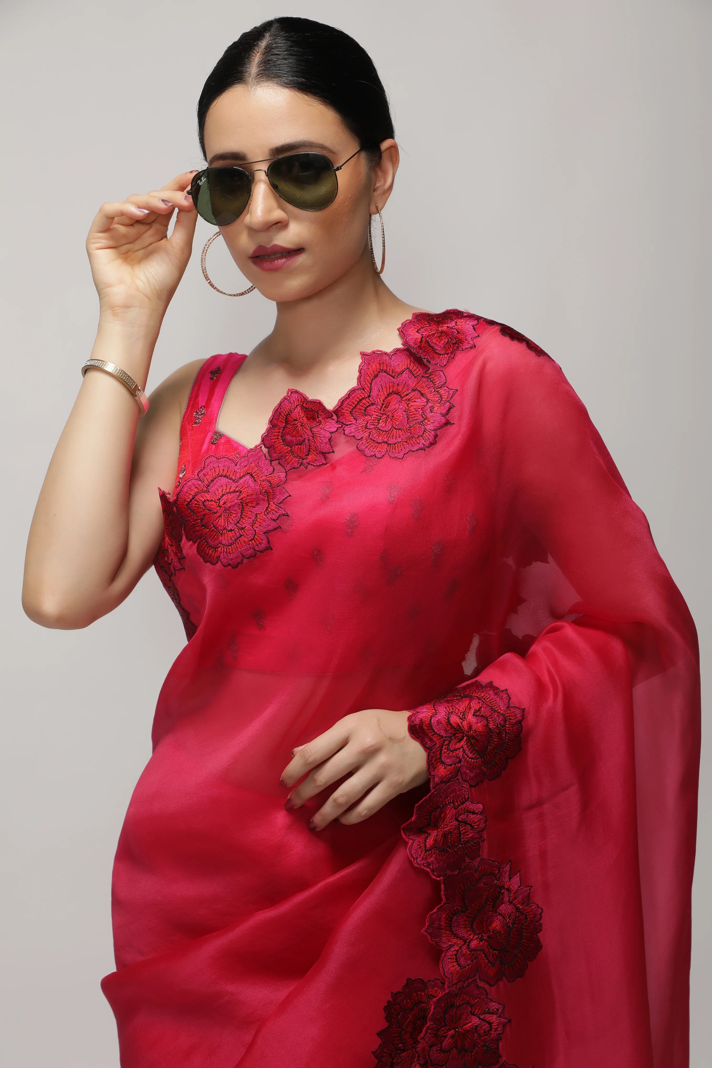 Fuchsia Pink Organza Saree with Shaded Floral Embroidery & Scallop Border - Mokshaa