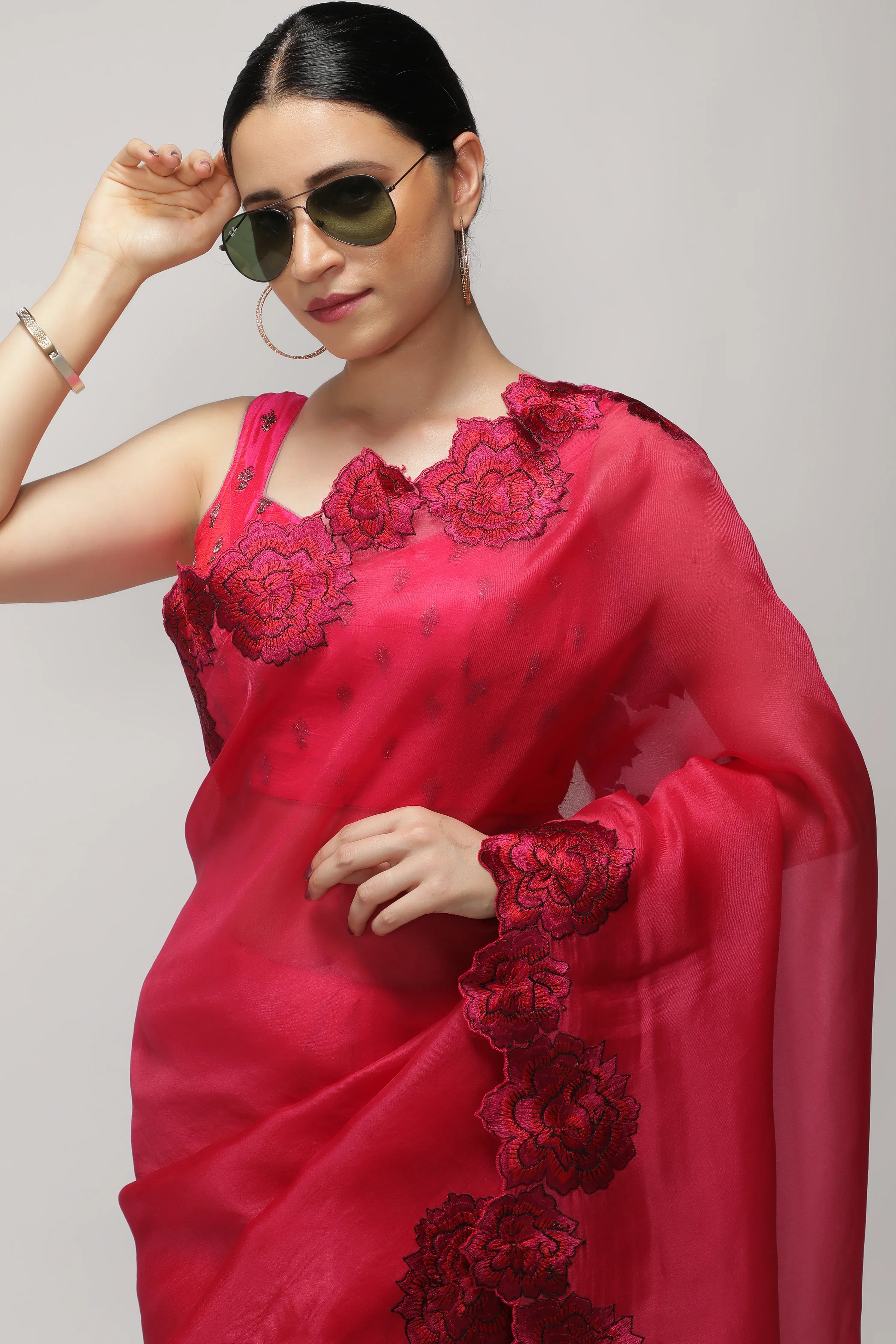 Fuchsia Pink Organza Saree with Shaded Floral Embroidery & Scallop Border - Mokshaa