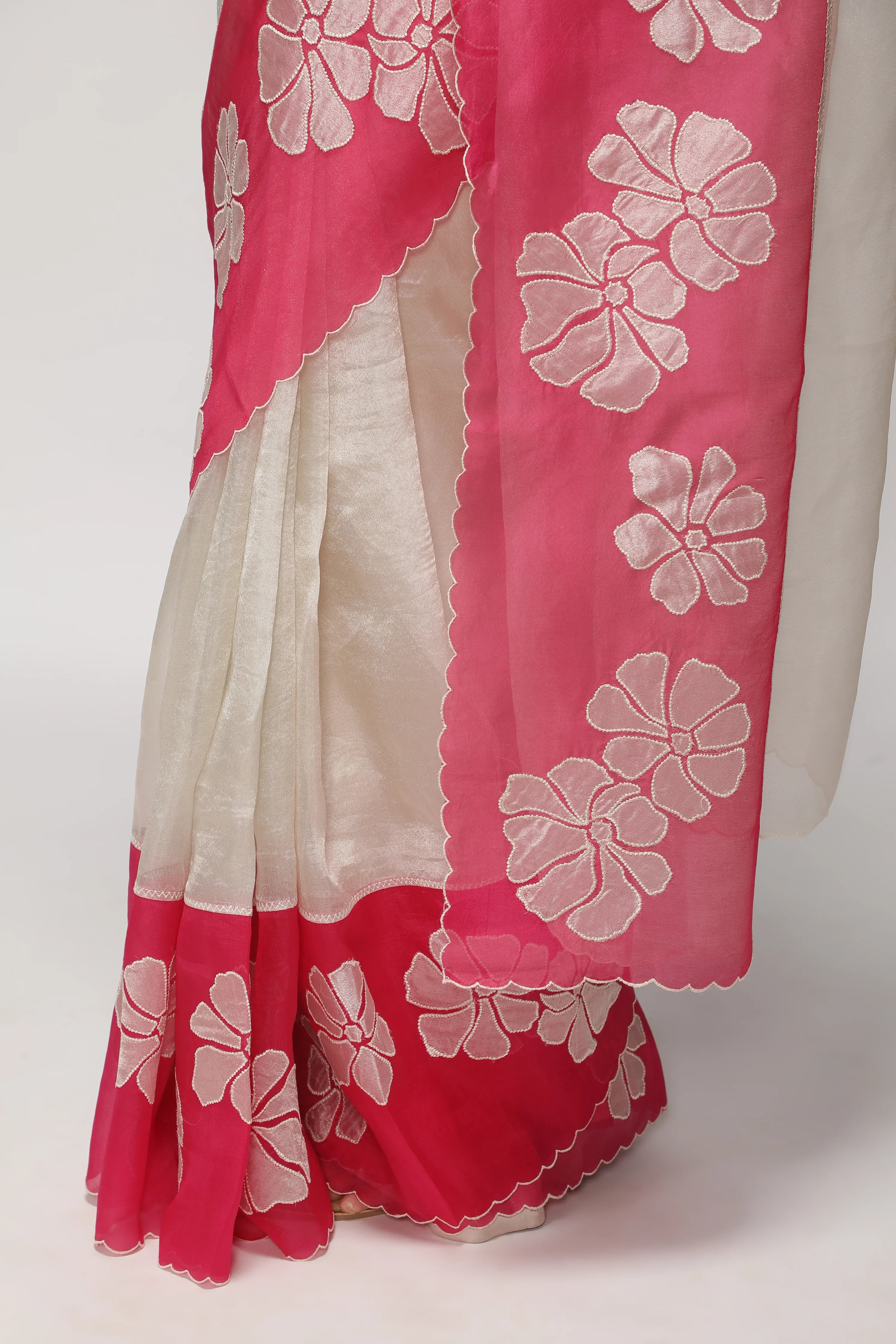 Silver Pink Tissue Saree with AppliquéWork Border - Mokshaa