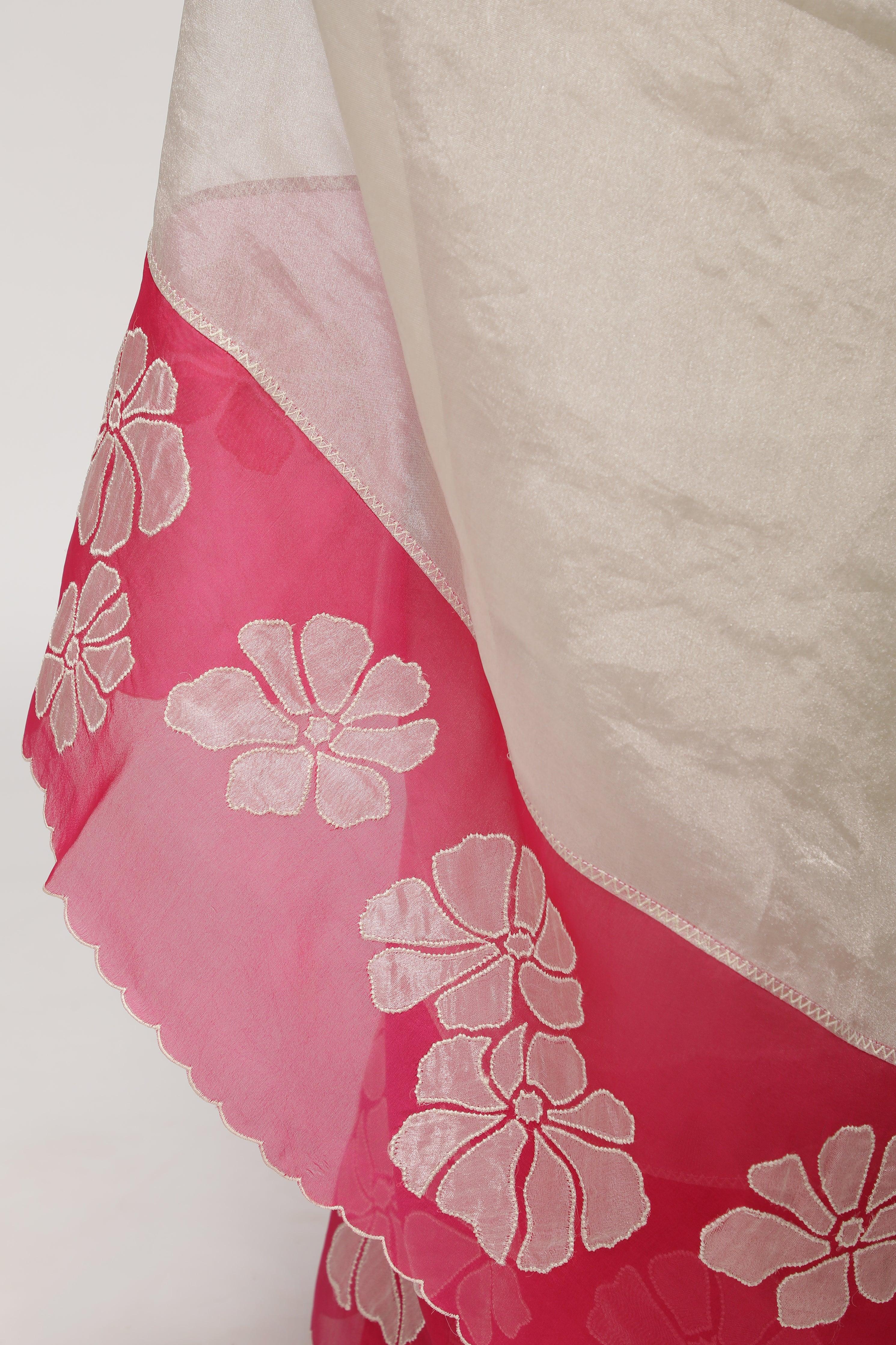 Silver Pink Tissue Saree with AppliquéWork Border - Mokshaa