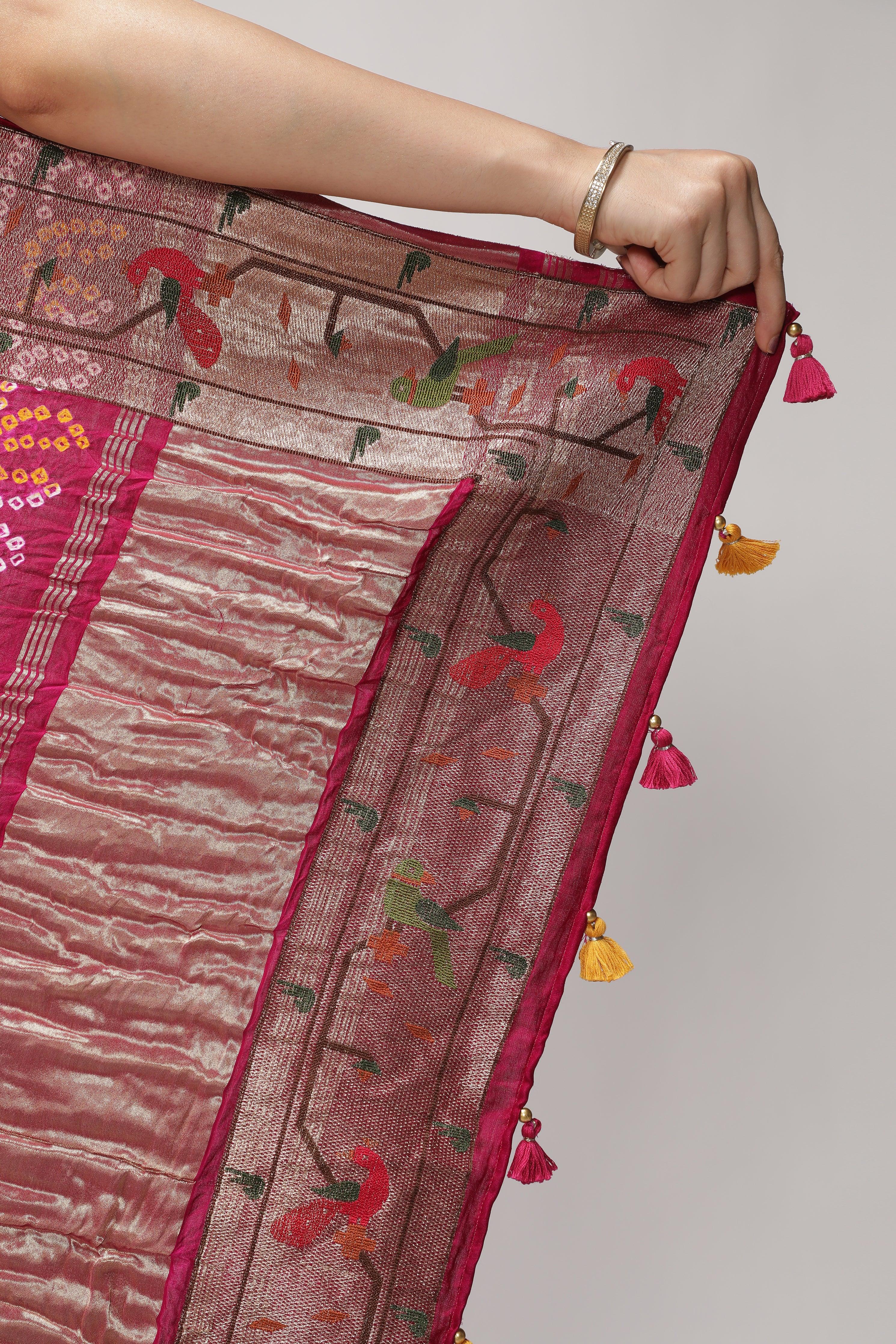 Shaded Rani Pink & Purple Bandni Saree with Paithani Border - Mokshaa
