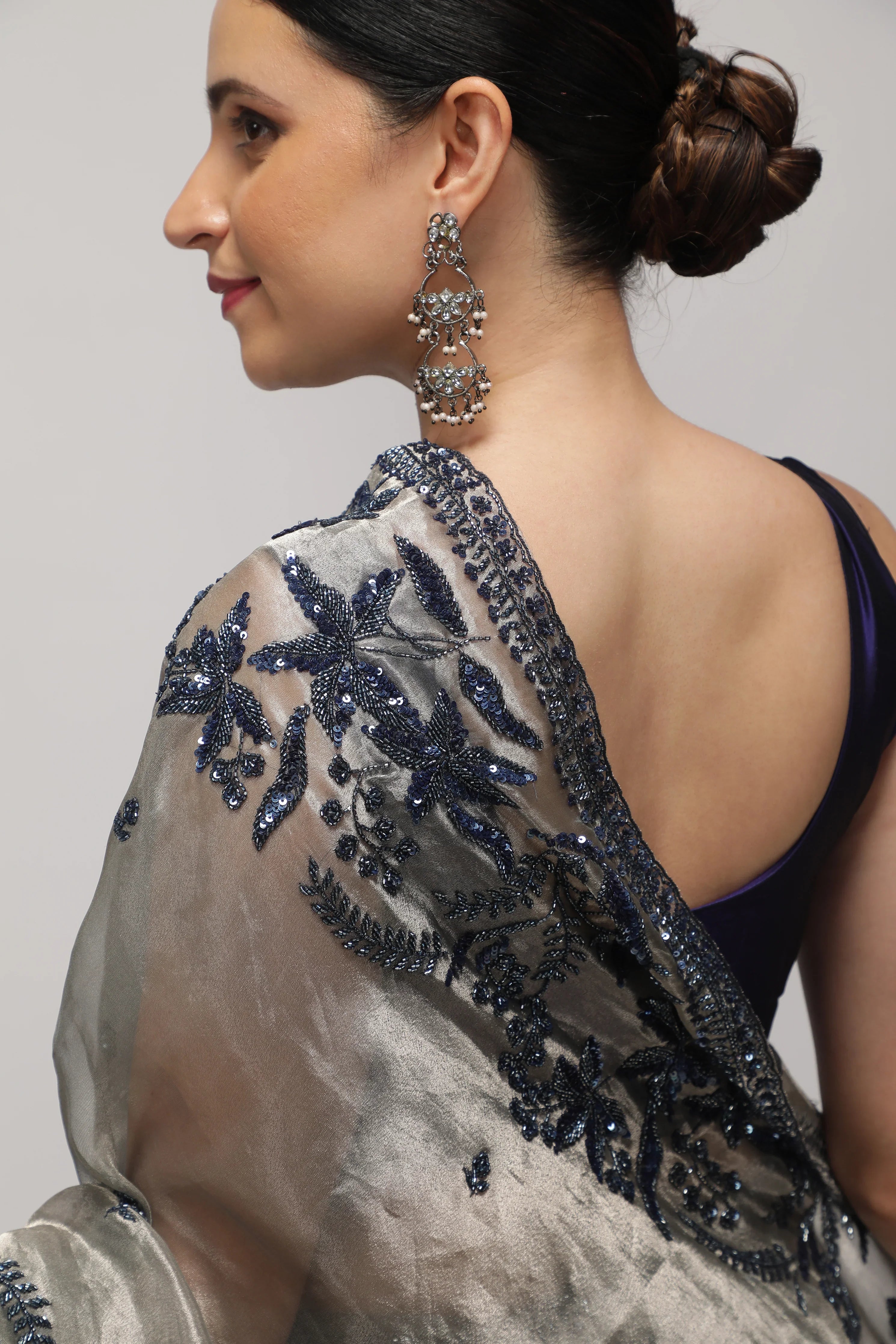 Muted Silver Tissue Saree with Blue Sequin & Bead Embroidery - Mokshaa