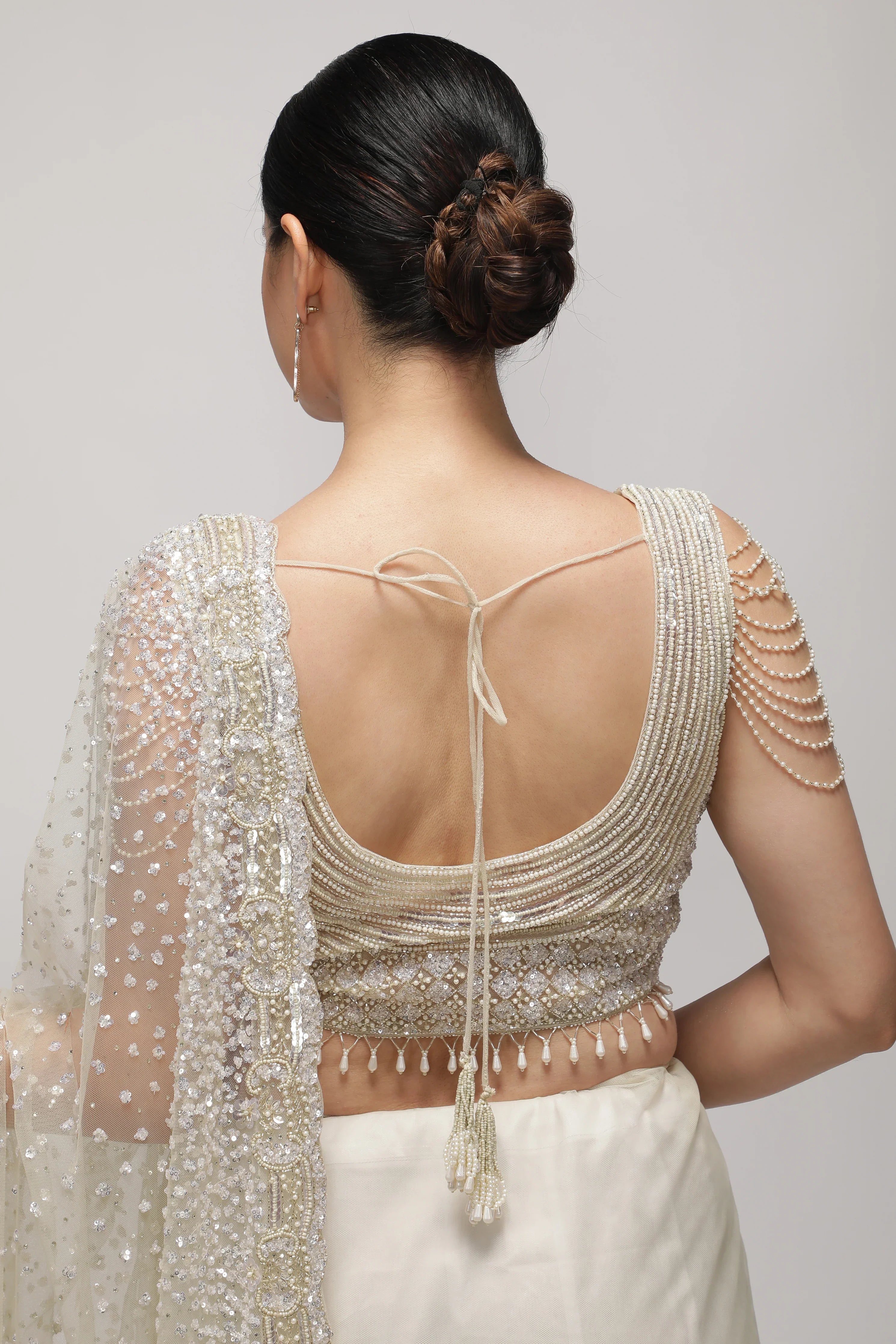 White Net Saree with All-Over Sequin & Pearl Scallop Border - Mokshaa
