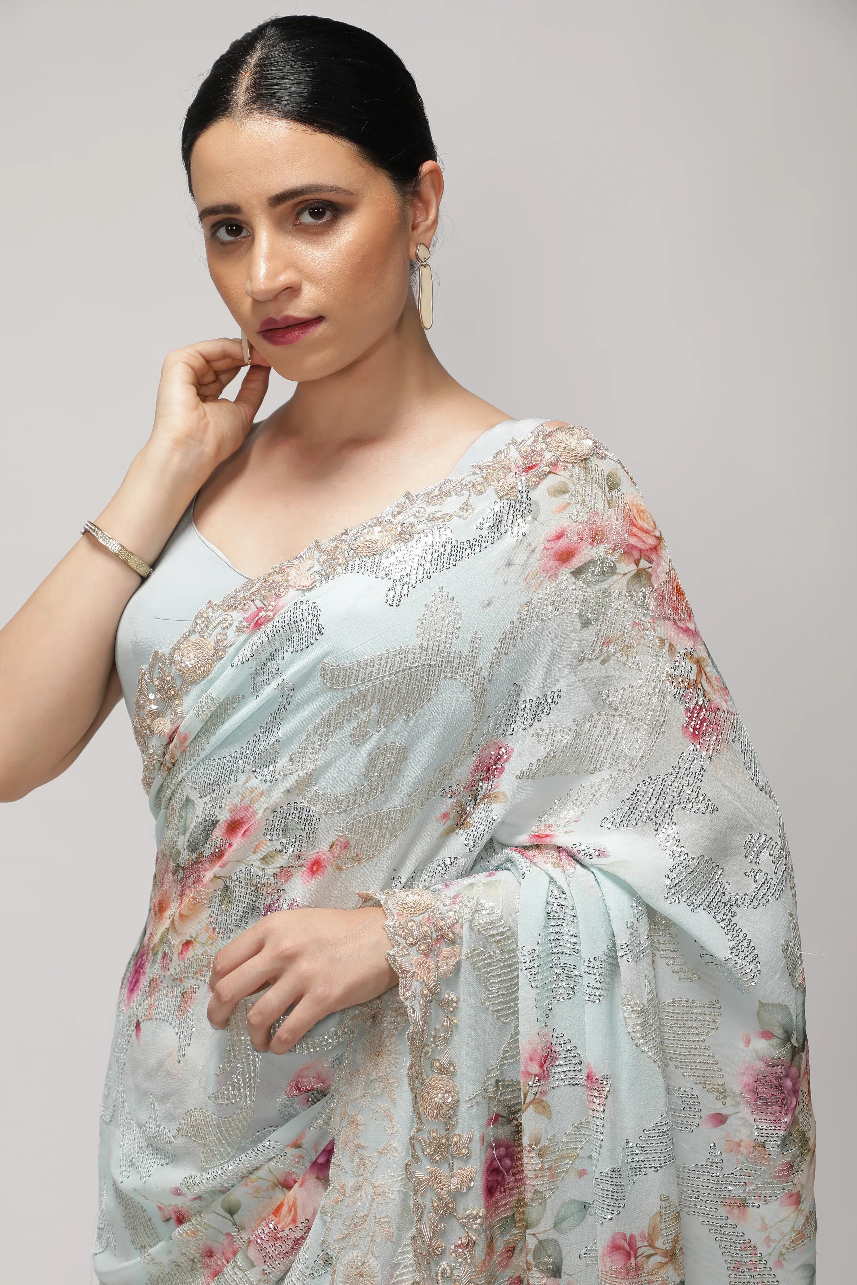 Sky Blue Georgette Saree with All-Over Print, Sequins & Scallop Border - Mokshaa