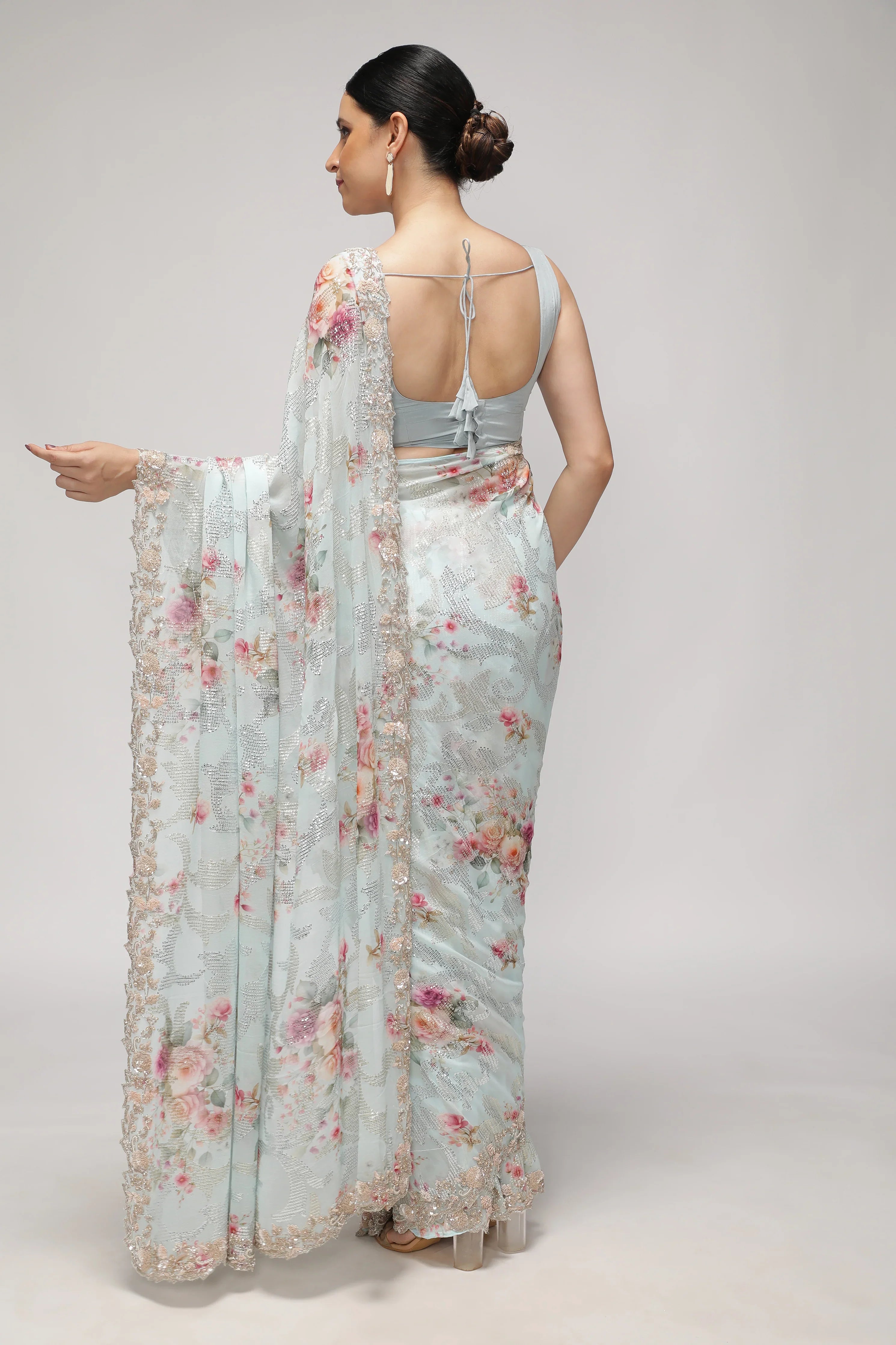 Sky Blue Georgette Saree with All-Over Print, Sequins & Scallop Border - Mokshaa