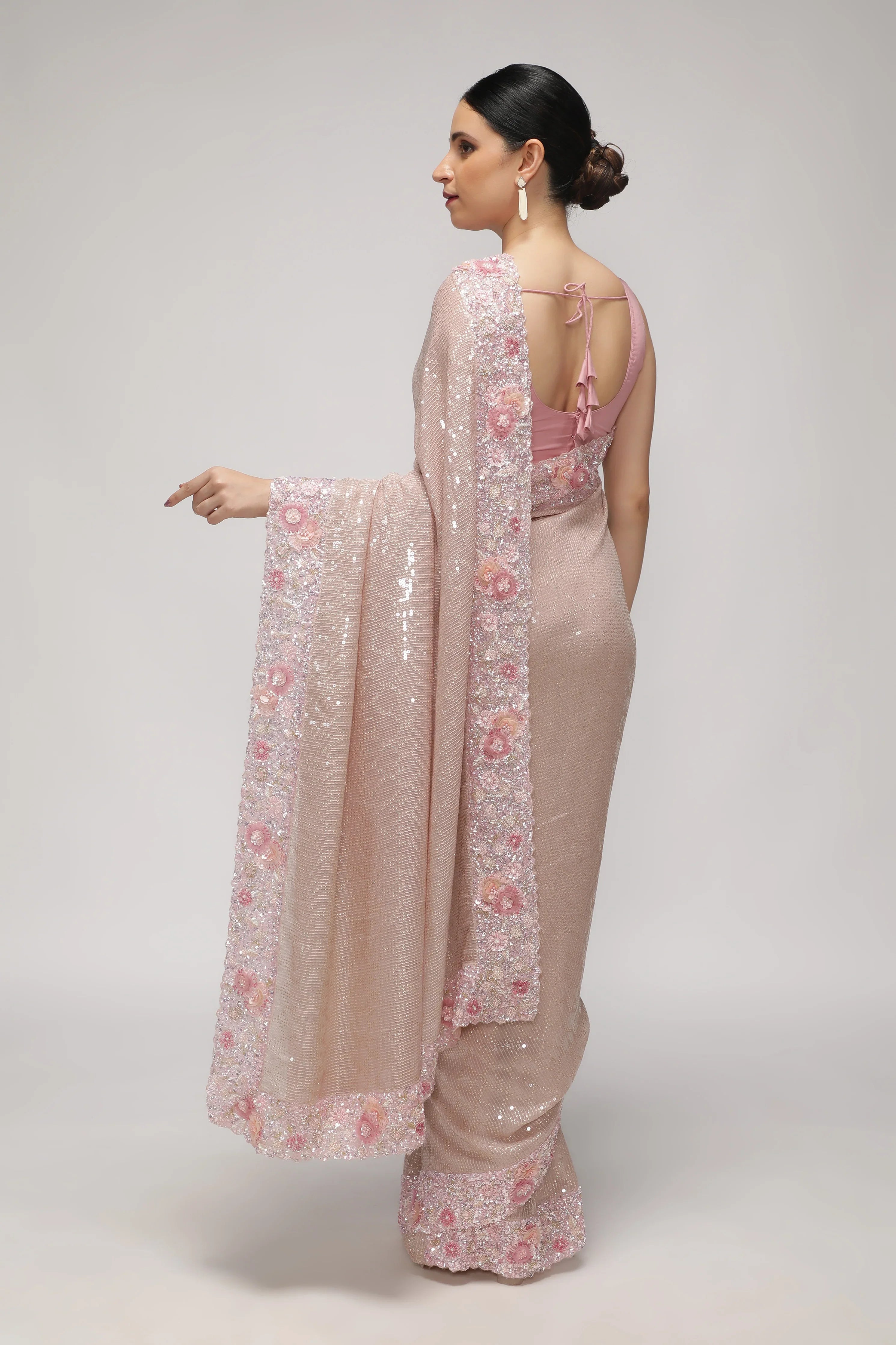 Onion Pink Georgette Saree with Sequin, Pearl & Bead Embroidery Border - Mokshaa